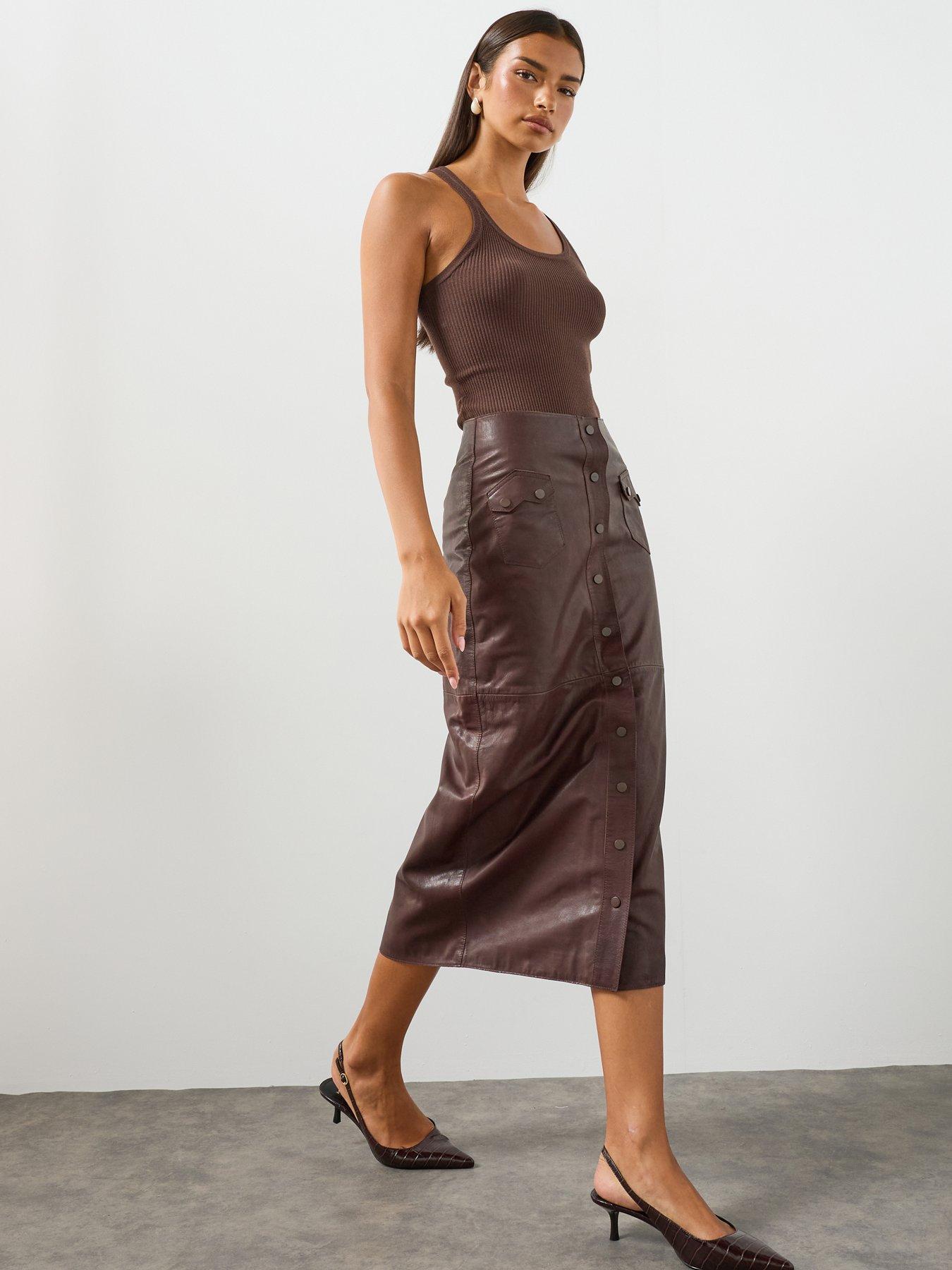 Image 4 of 6 of AllSaints Rock Leather Midi Skirt - Brown