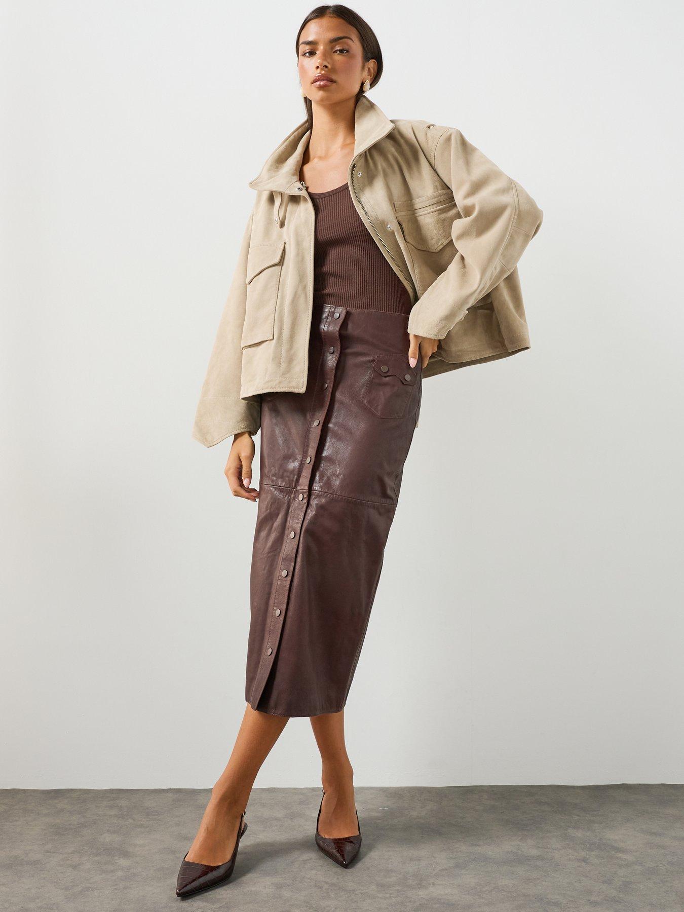Image 5 of 6 of AllSaints Rock Leather Midi Skirt - Brown