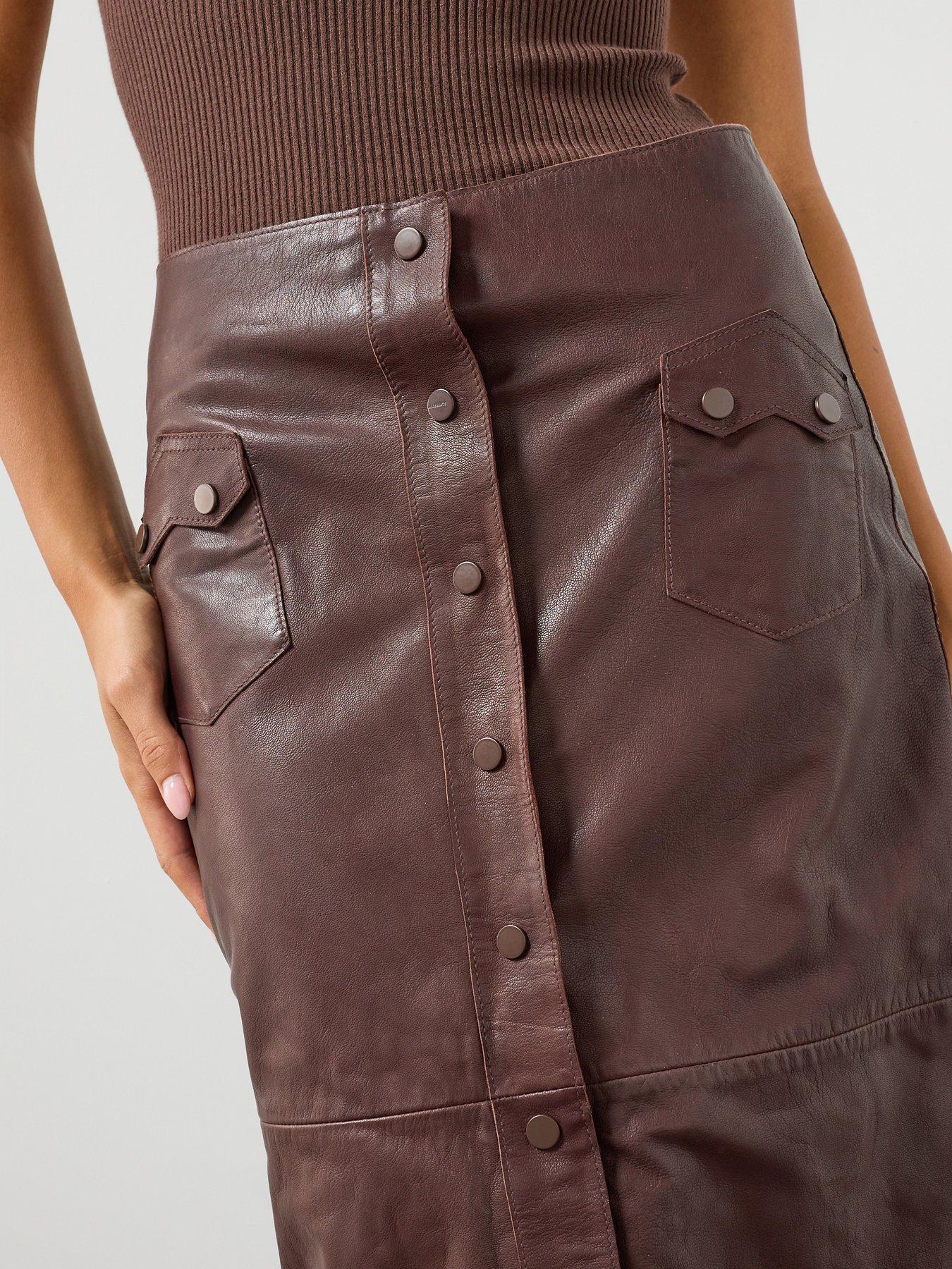 Image 6 of 6 of AllSaints Rock Leather Midi Skirt - Brown