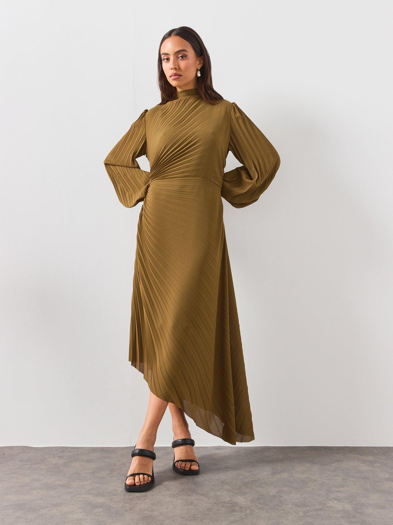 AllSaints Milena Asymmetric Pleated Midi Dress - Green