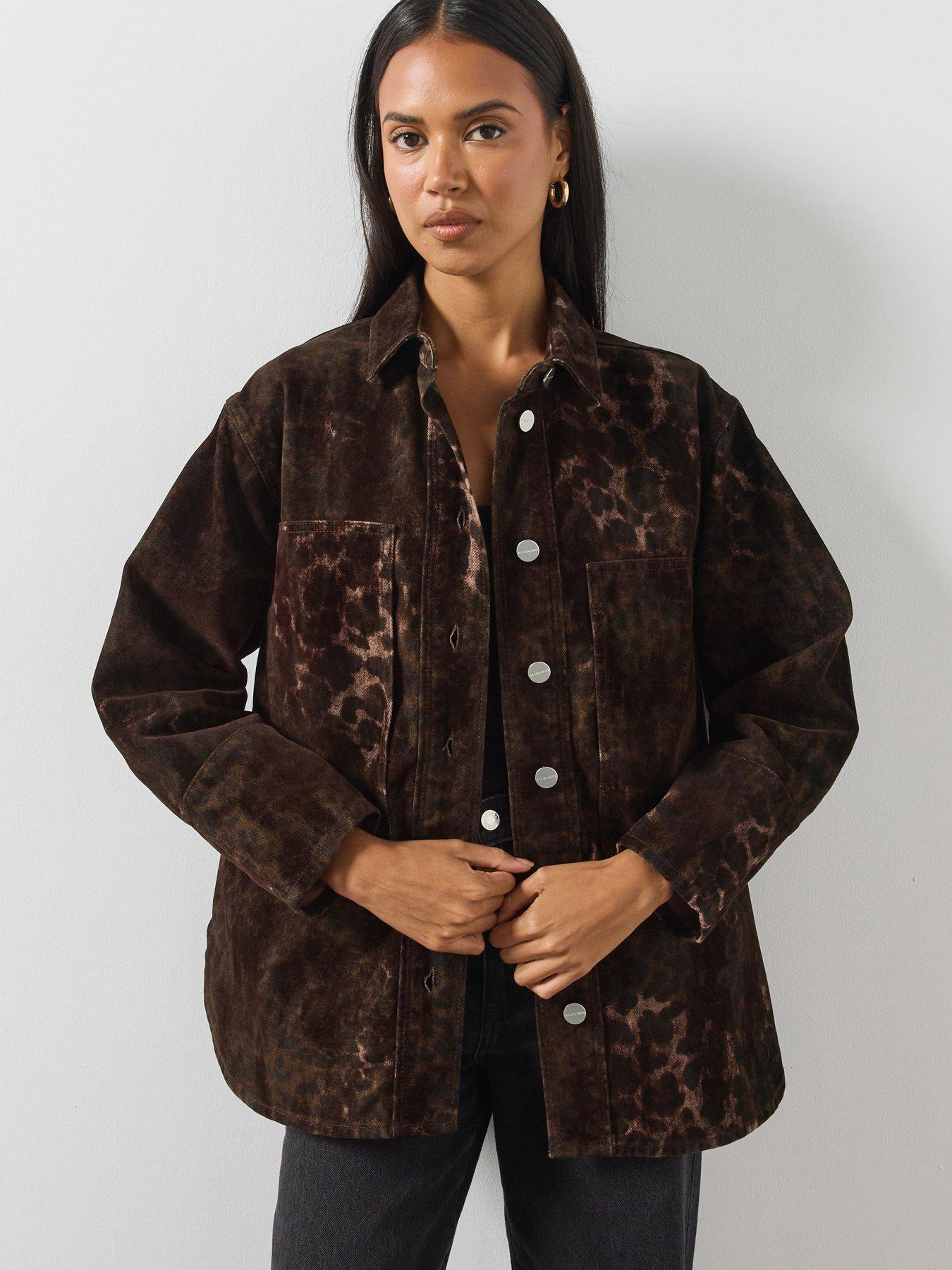 Image 1 of 5 of AllSaints Womens Eden Flocked Oversized Button-Through Shirt - Brown