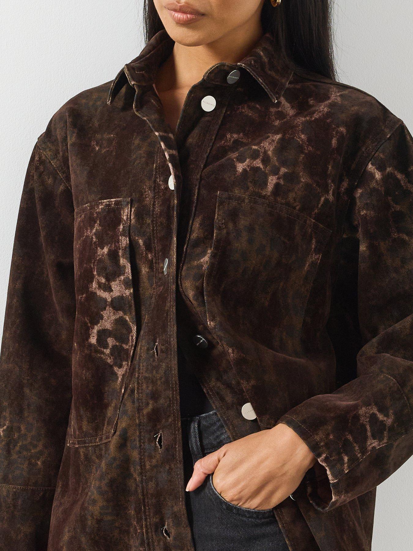 Image 4 of 5 of AllSaints Womens Eden Flocked Oversized Button-Through Shirt - Brown
