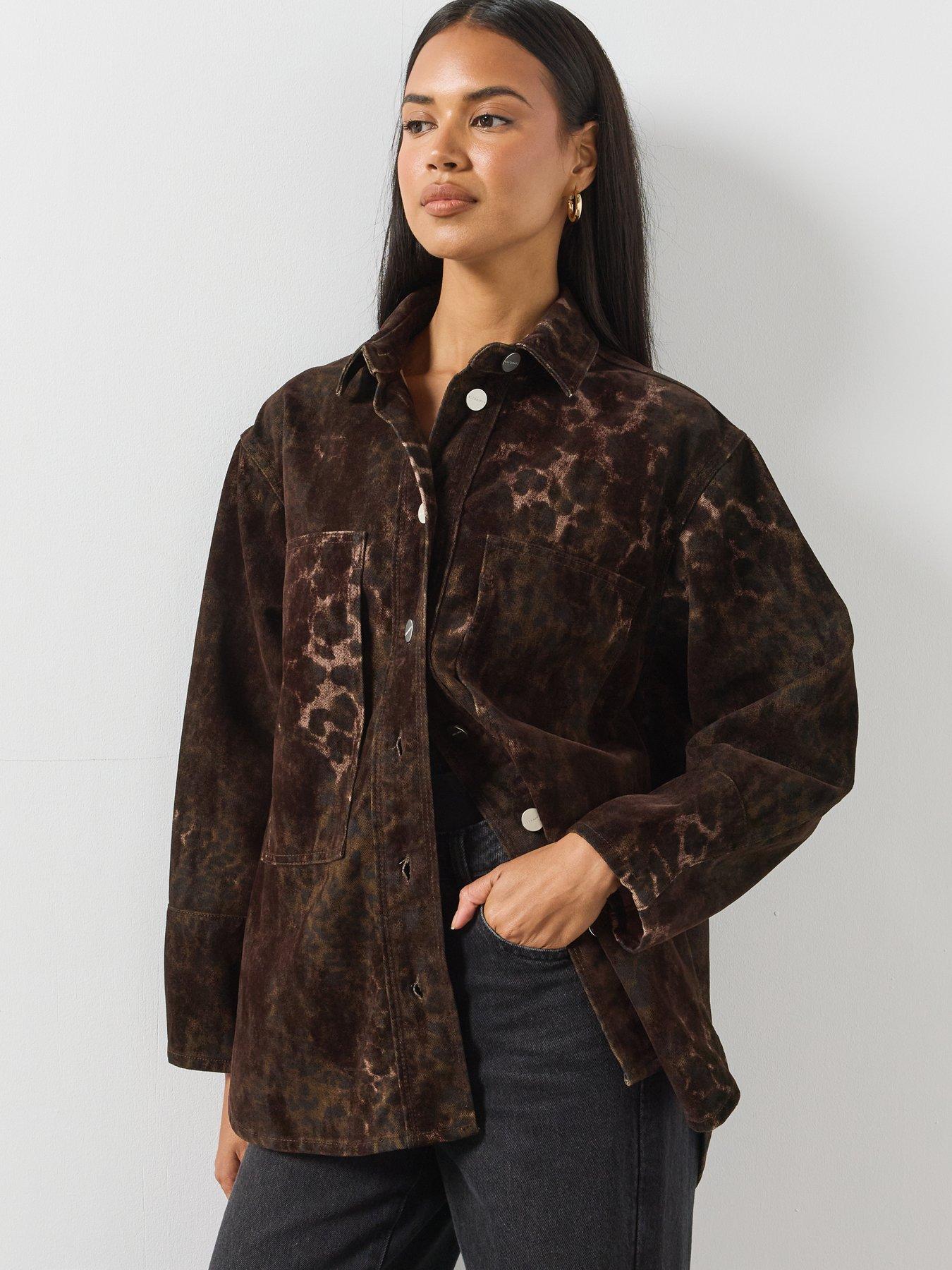 Image 5 of 5 of AllSaints Womens Eden Flocked Oversized Button-Through Shirt - Brown