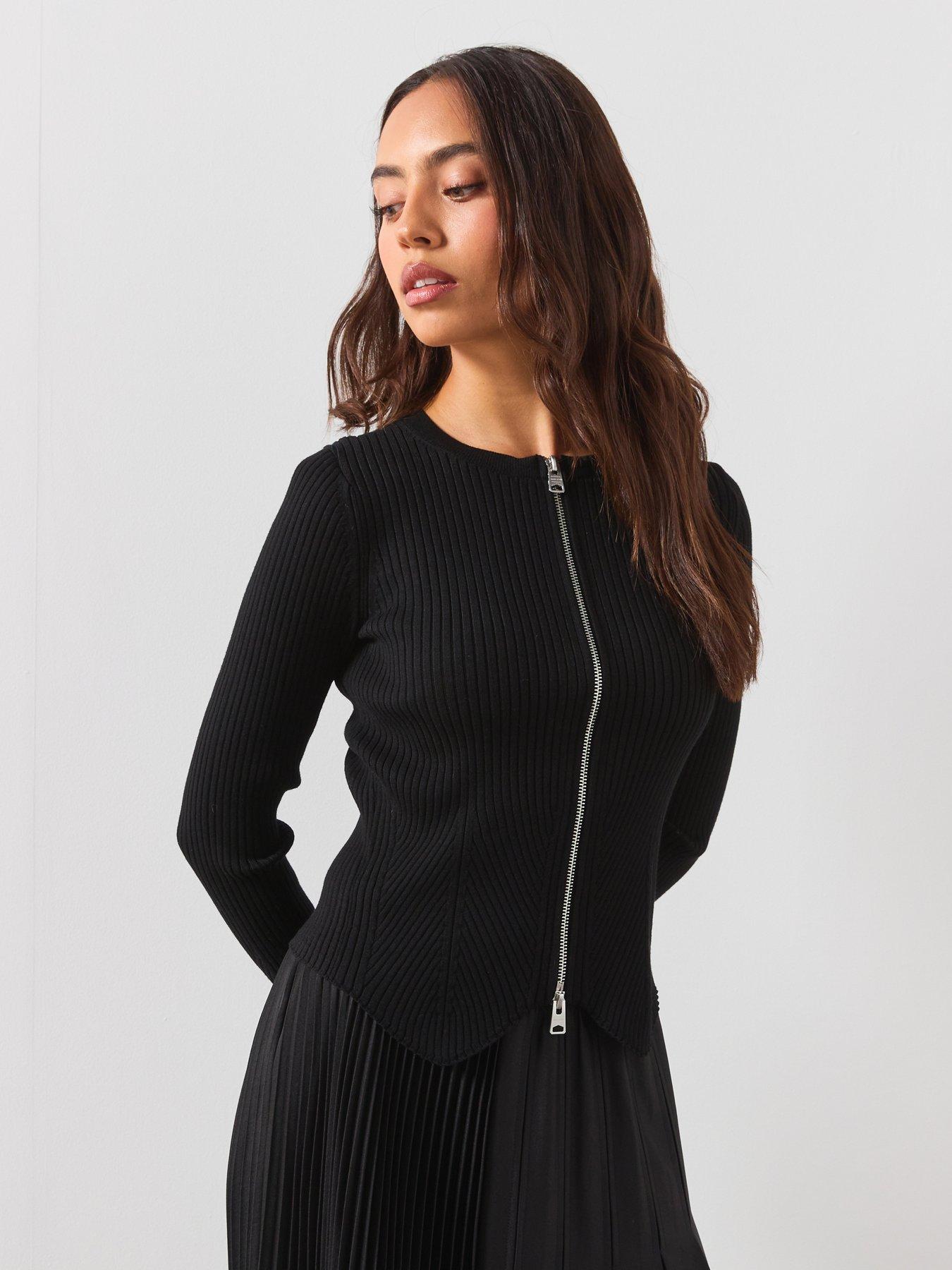 AllSaints Cruz Dual Zip Ribbed Cardigan - Black