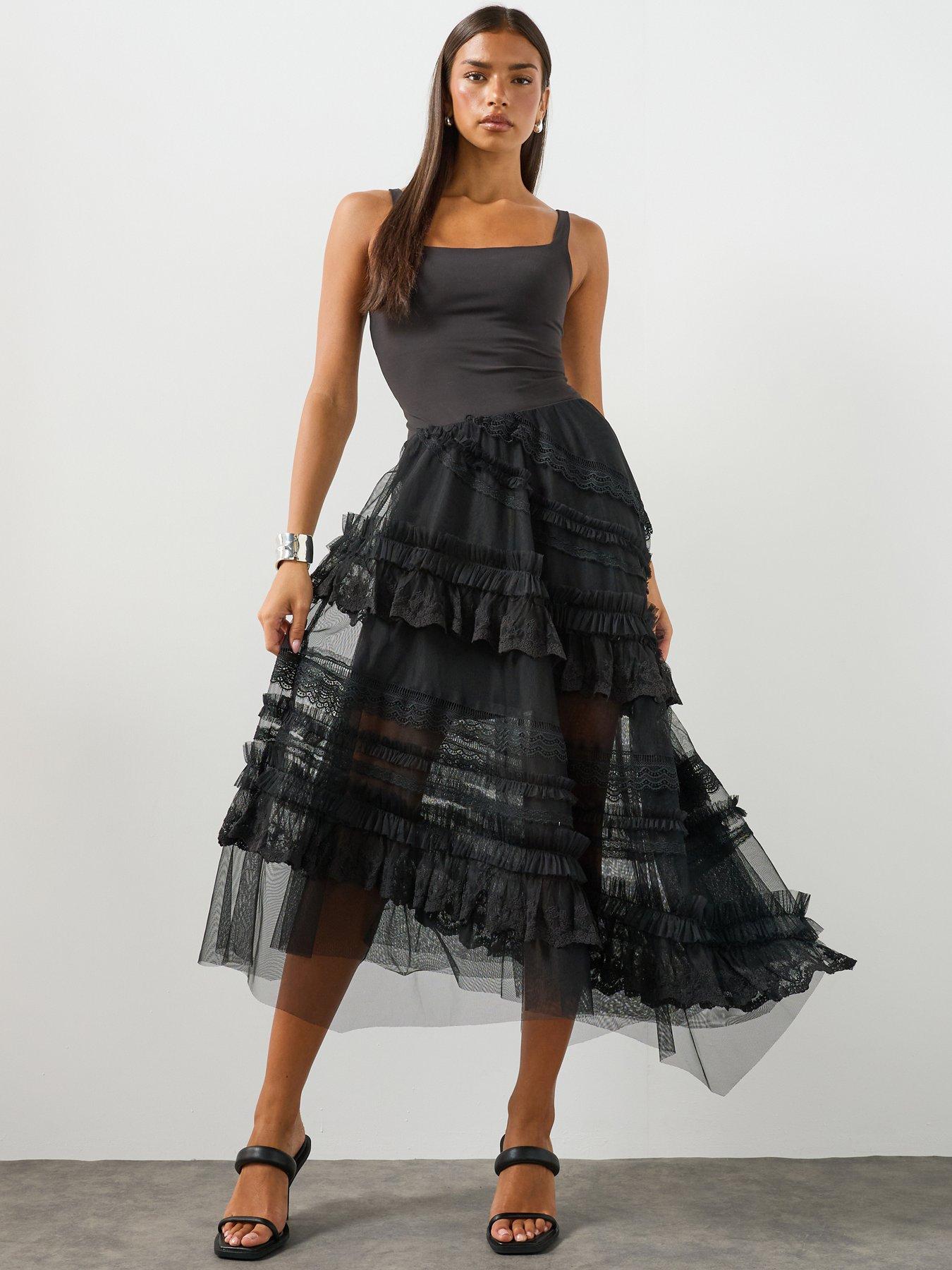 AllSaints Jen Tiered Lace Textile Midi Skirt - Black