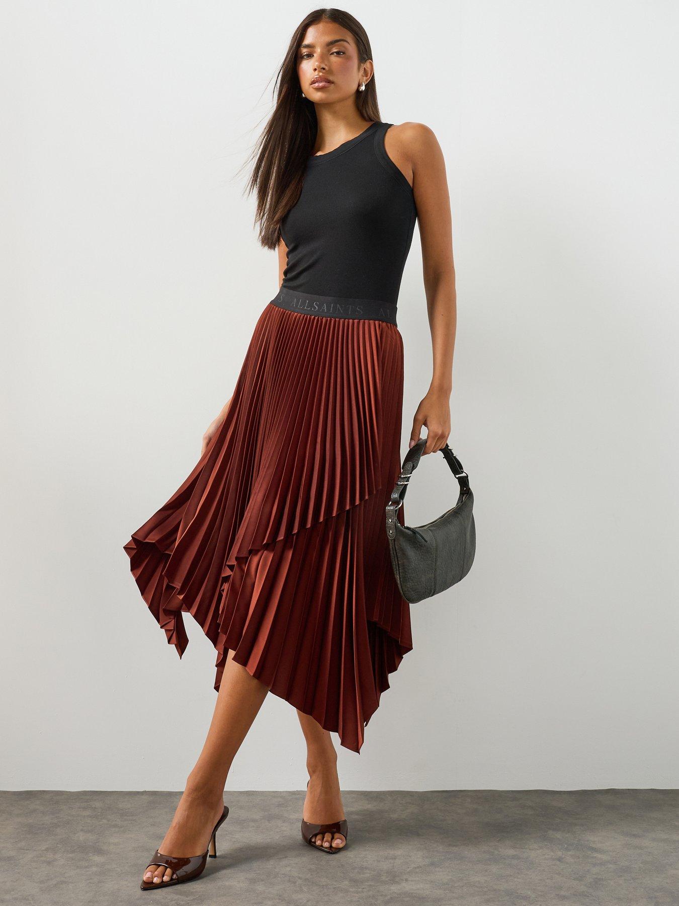 AllSaints Elisa Pleated Asymmetric Midi Skirt - Burgundy