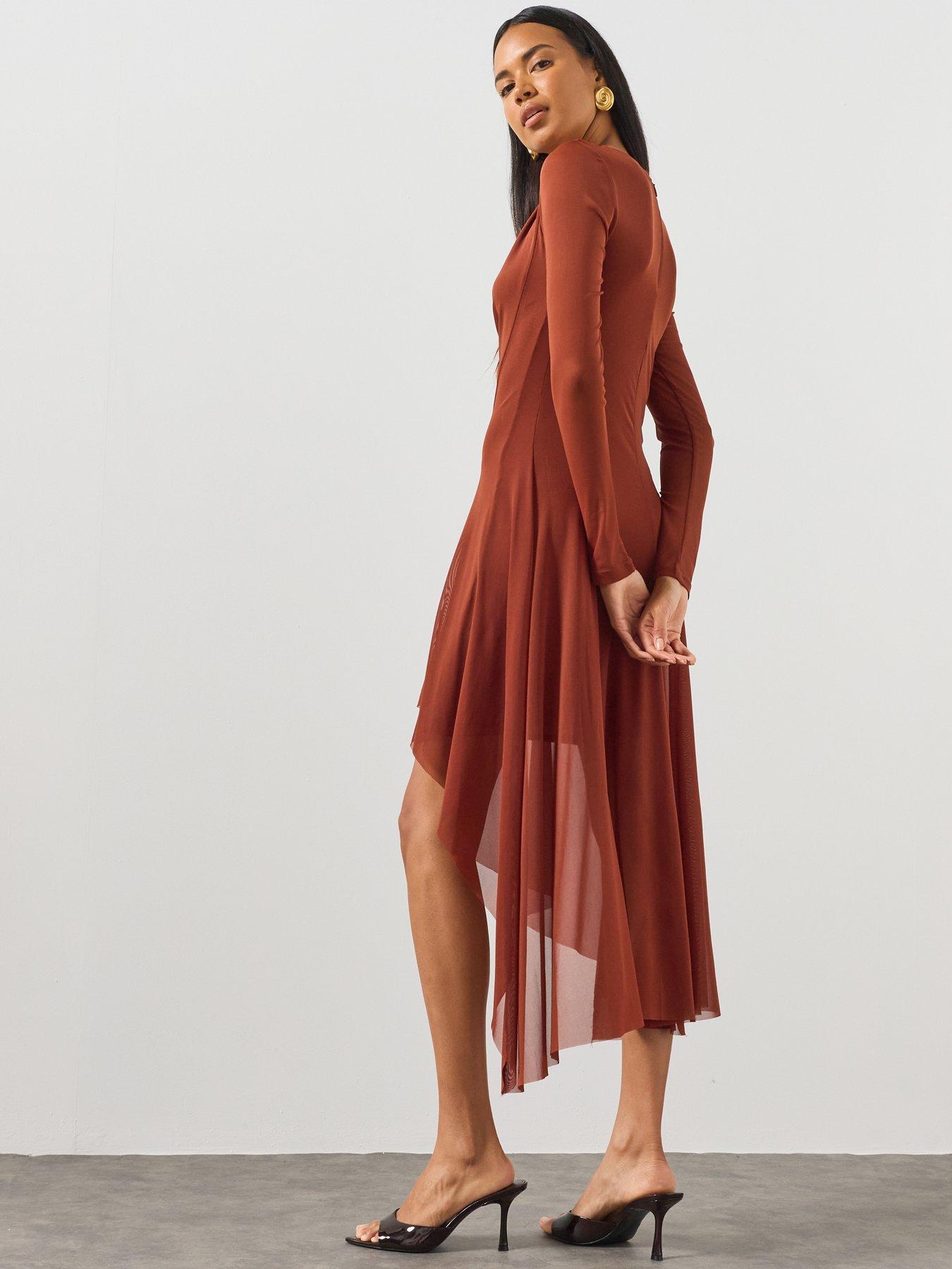 Image 2 of 5 of AllSaints Loria Draped Asymmetric Dress - Brown