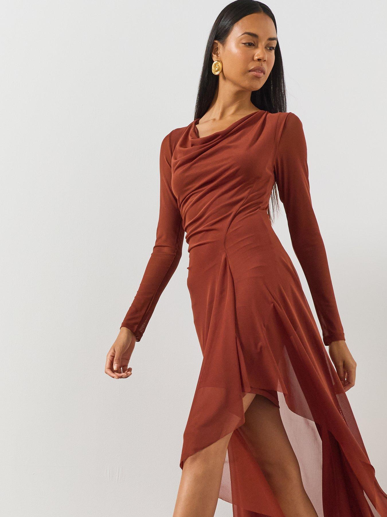 Image 3 of 5 of AllSaints Loria Draped Asymmetric Dress - Brown