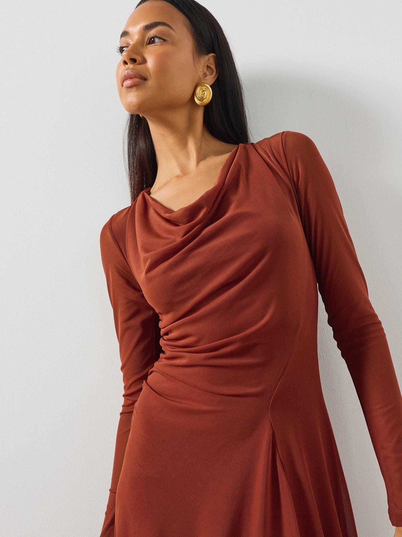 Image 4 of 5 of AllSaints Loria Draped Asymmetric Dress - Brown