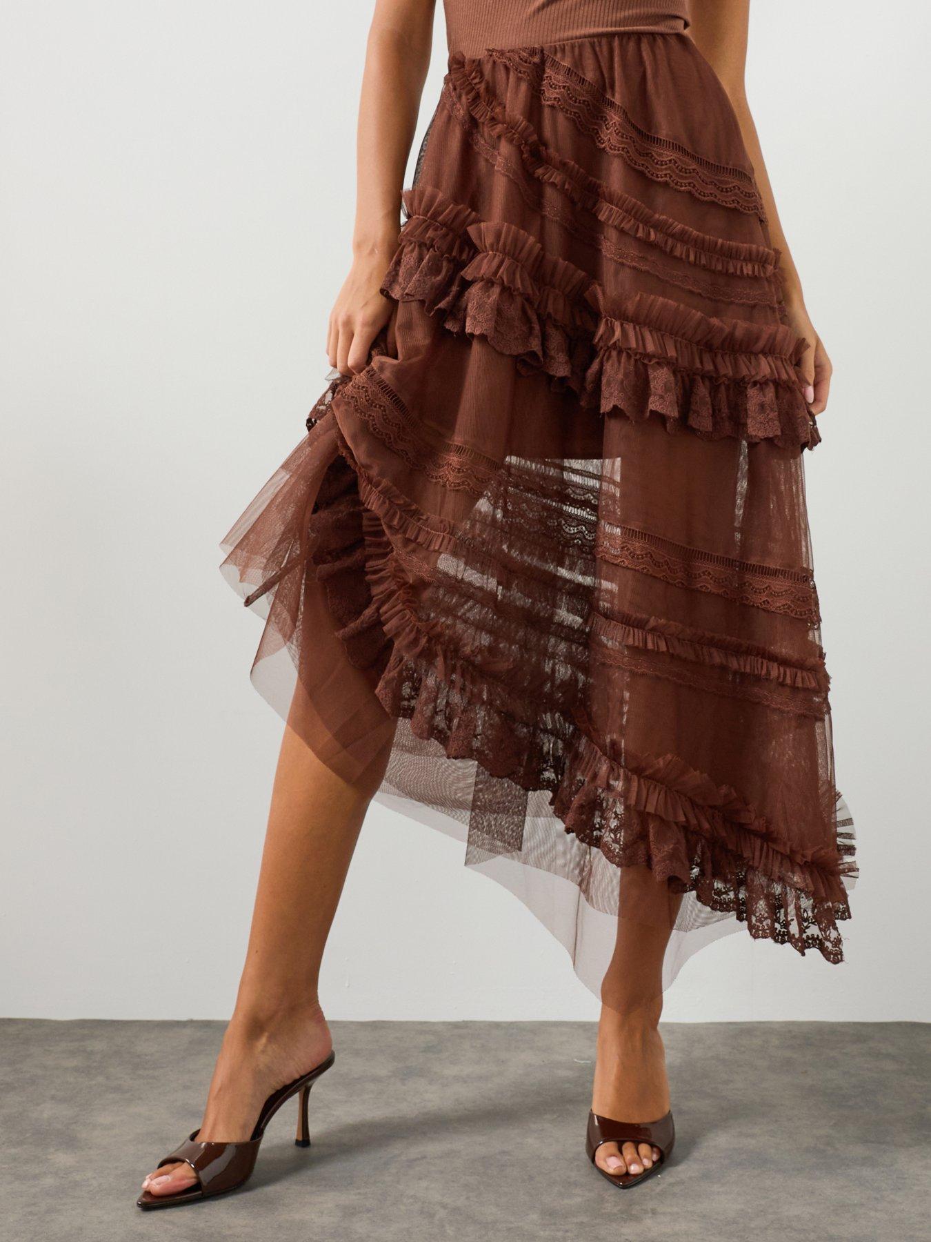 Allsaints Women's Brown Jen Tiered Lace Textile Midi Skirt - Size 16 - Image 2