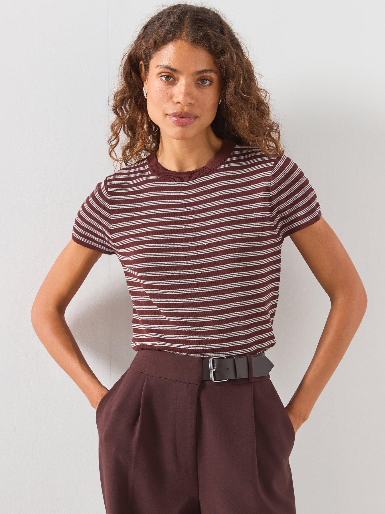 Mango Short Sleeve Ribbed Sweater, Brown, Size L, Women