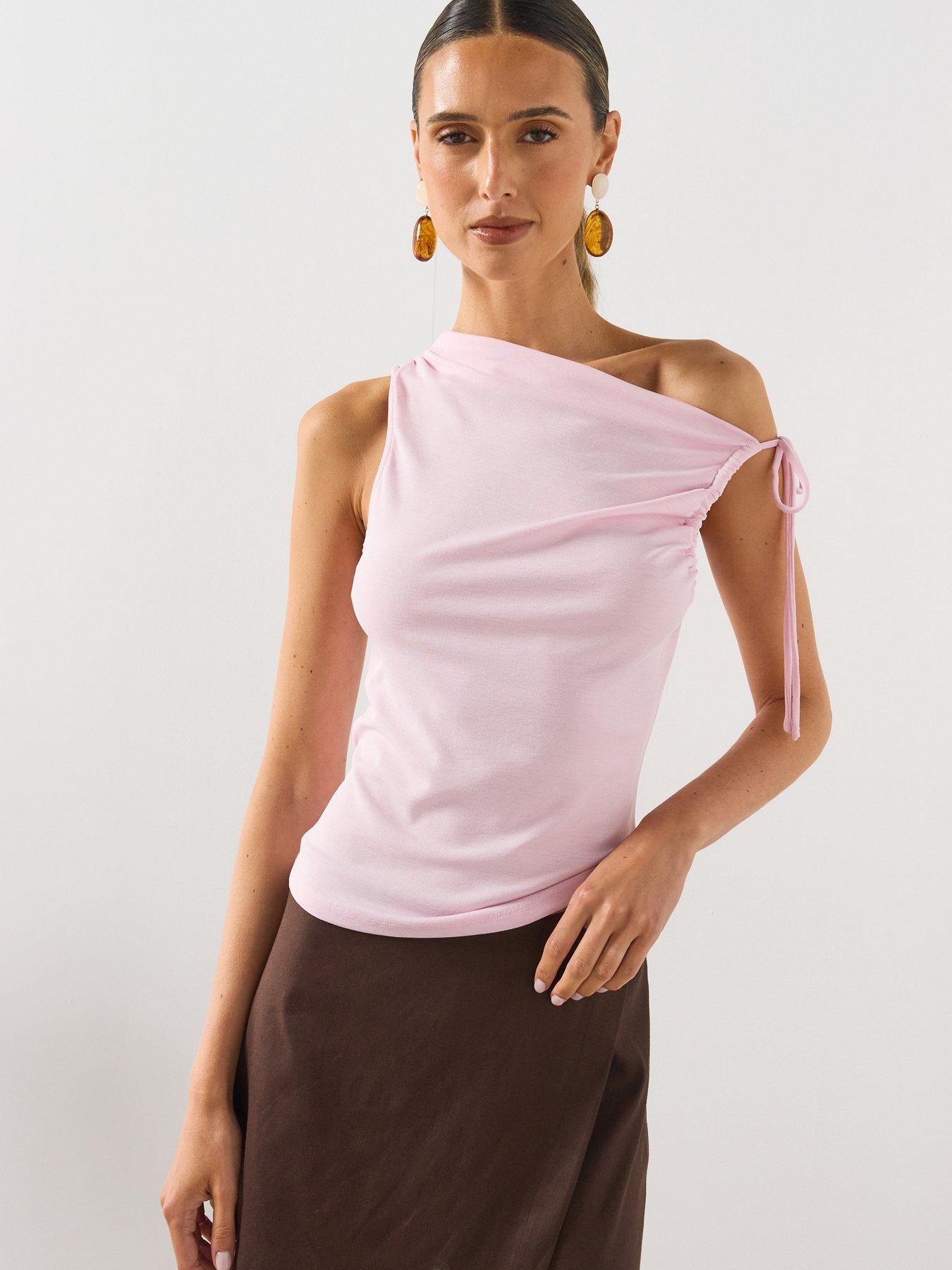 Image 1 of 6 of Mango Asymmetric Ruched Top - Pink