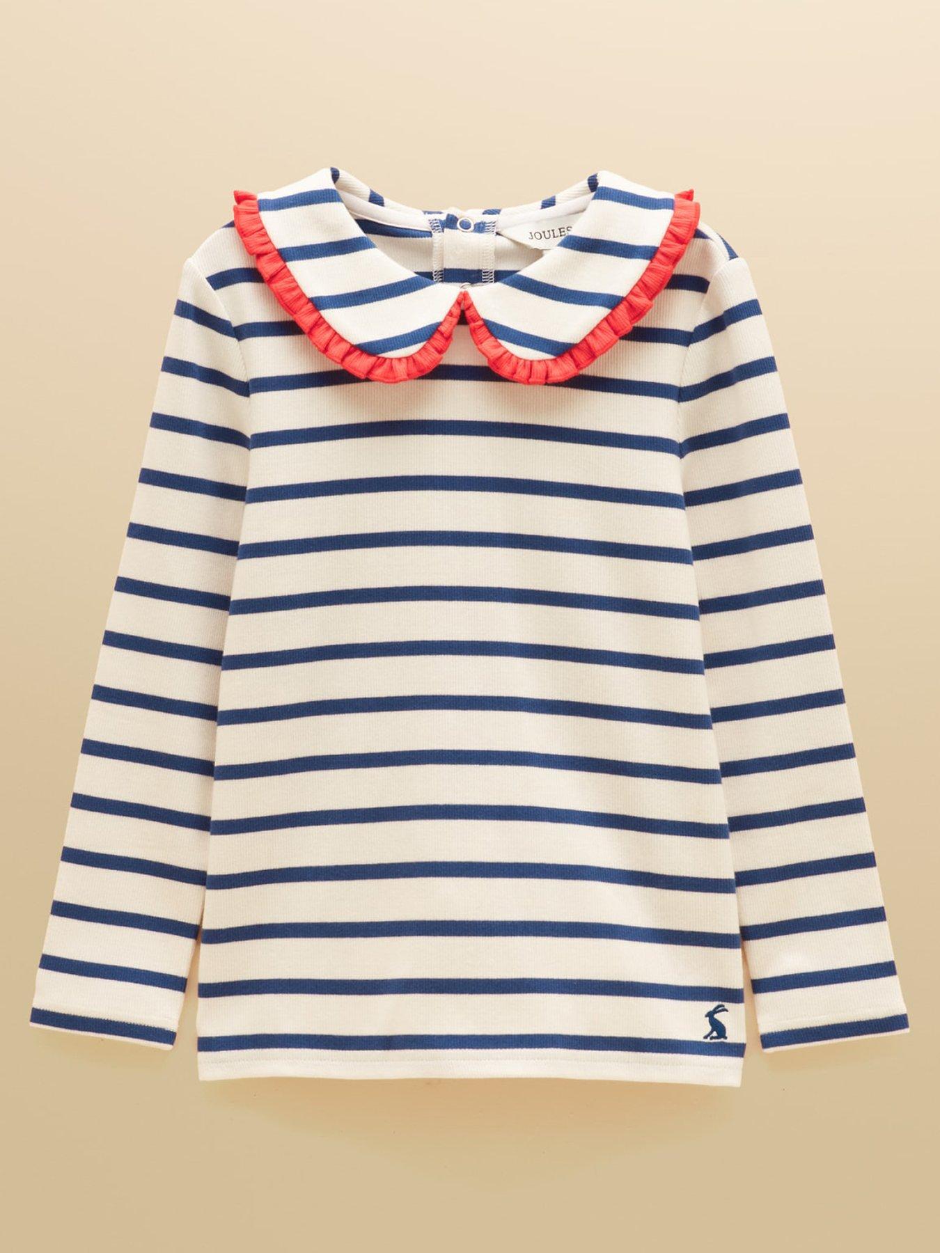 Joules Girls Frill Collar Stripe Long Sleeve T-Shirt, Cream, Size Age: 3 Years