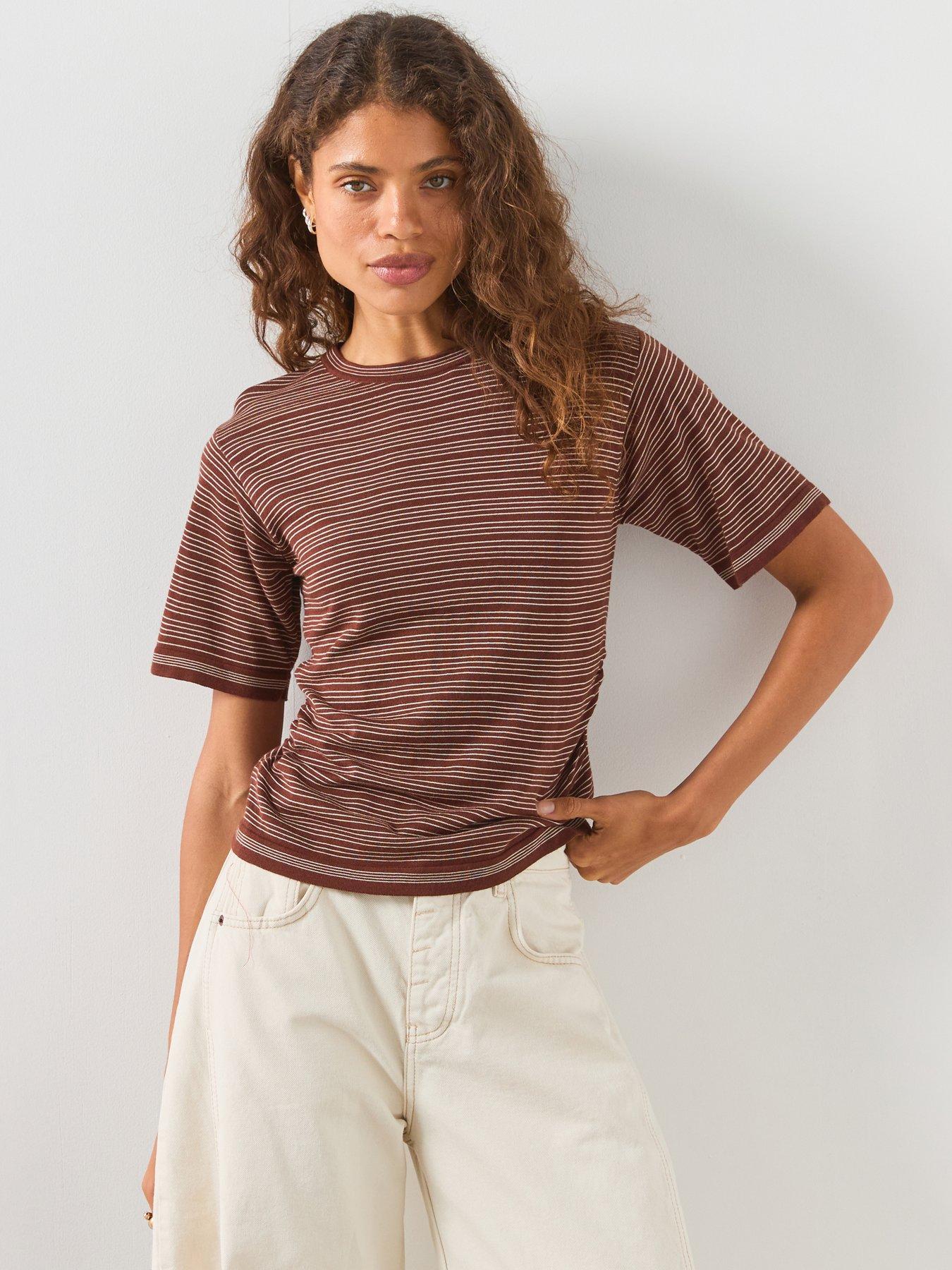 Image 1 of 6 of Mango Striped Short Sleeve Sweater - Brown
