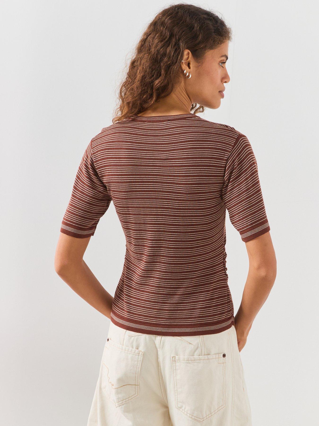 Image 2 of 6 of Mango Striped Short Sleeve Sweater - Brown
