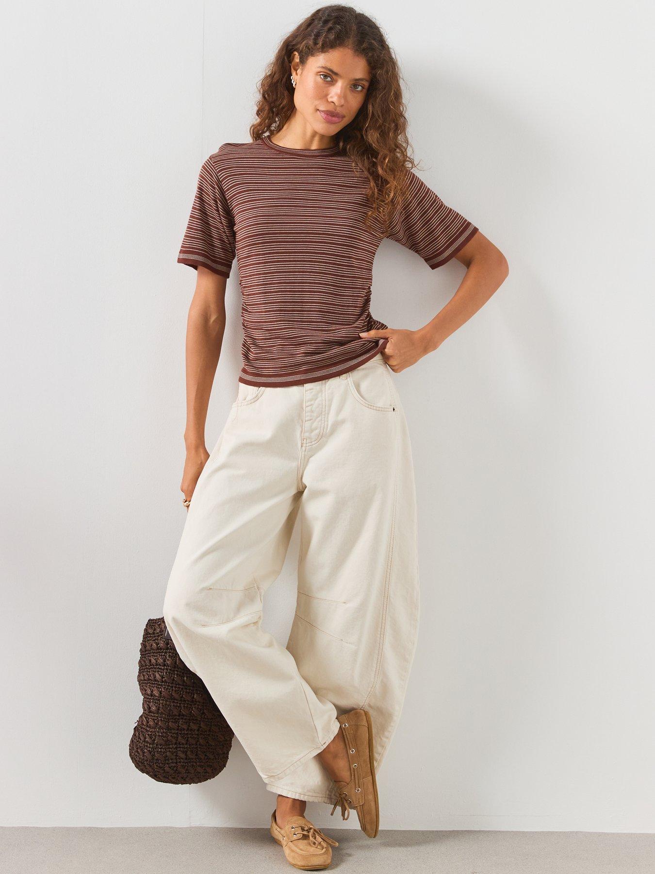Image 3 of 6 of Mango Striped Short Sleeve Sweater - Brown