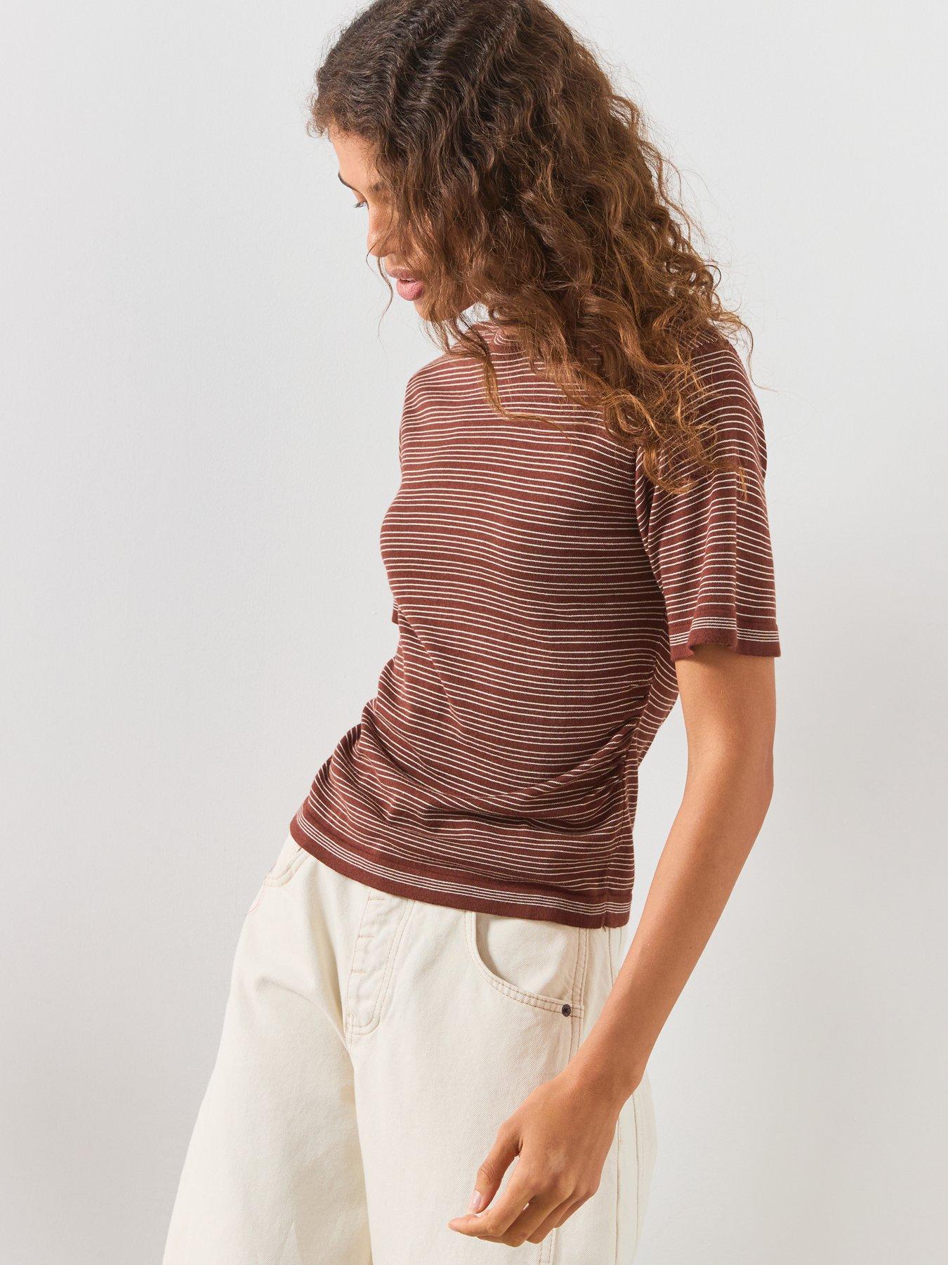 Image 4 of 6 of Mango Striped Short Sleeve Sweater - Brown