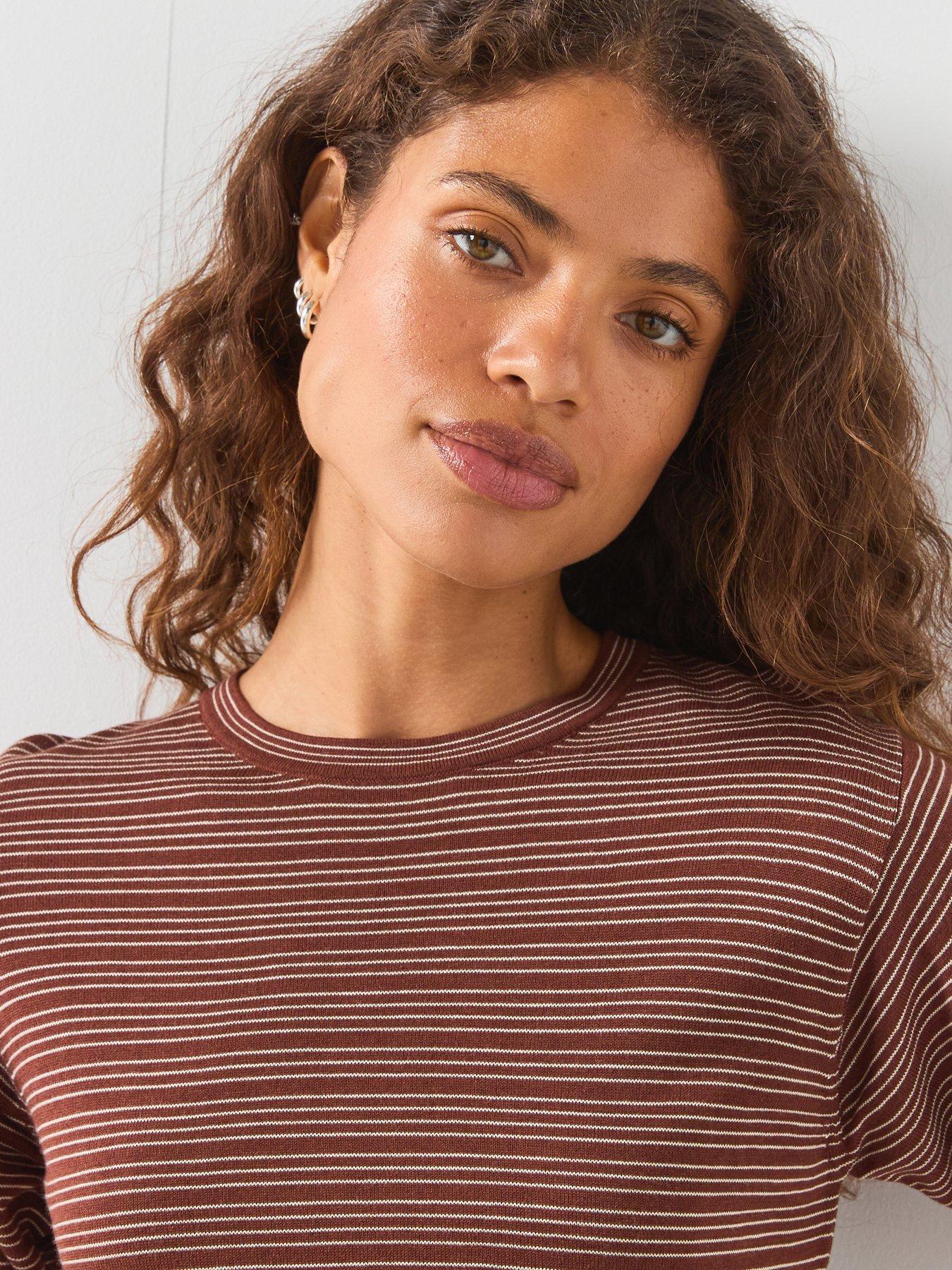 Image 6 of 6 of Mango Striped Short Sleeve Sweater - Brown