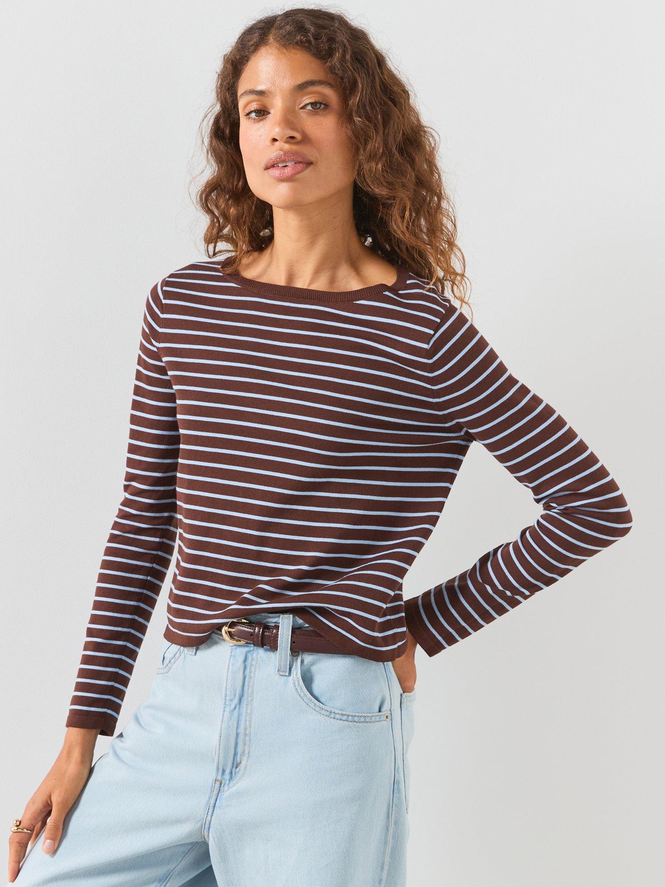 Image 1 of 6 of Mango Knit Striped Sweater - Brown