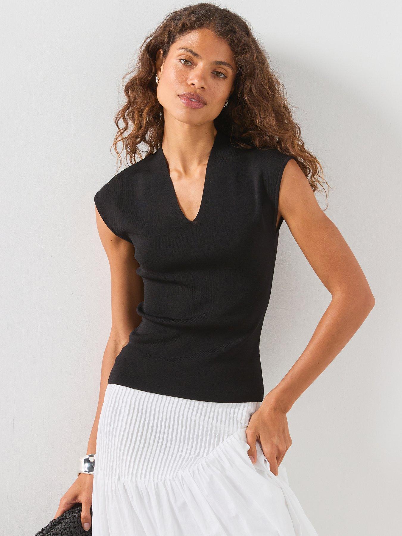 Image 1 of 6 of Mango Fine Knit V-Neck Top - Black
