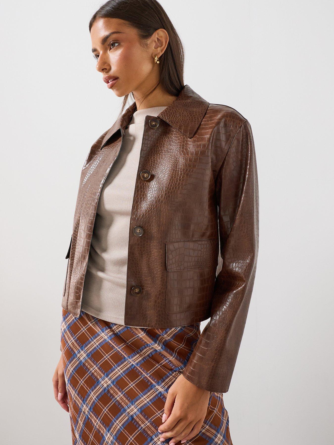 Image 1 of 6 of Mango Women's Croc-Effect Button-Front Cropped Jacket - Brown