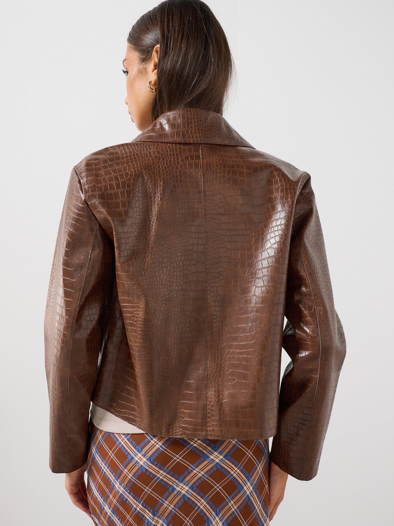 Image 2 of 6 of Mango Women's Croc-Effect Button-Front Cropped Jacket - Brown
