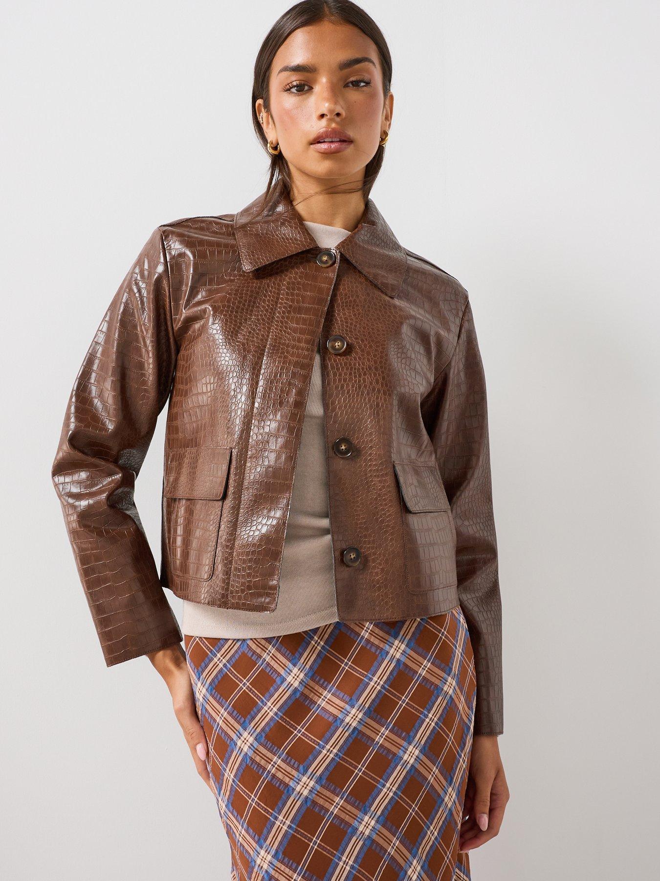 Image 6 of 6 of Mango Women's Croc-Effect Button-Front Cropped Jacket - Brown