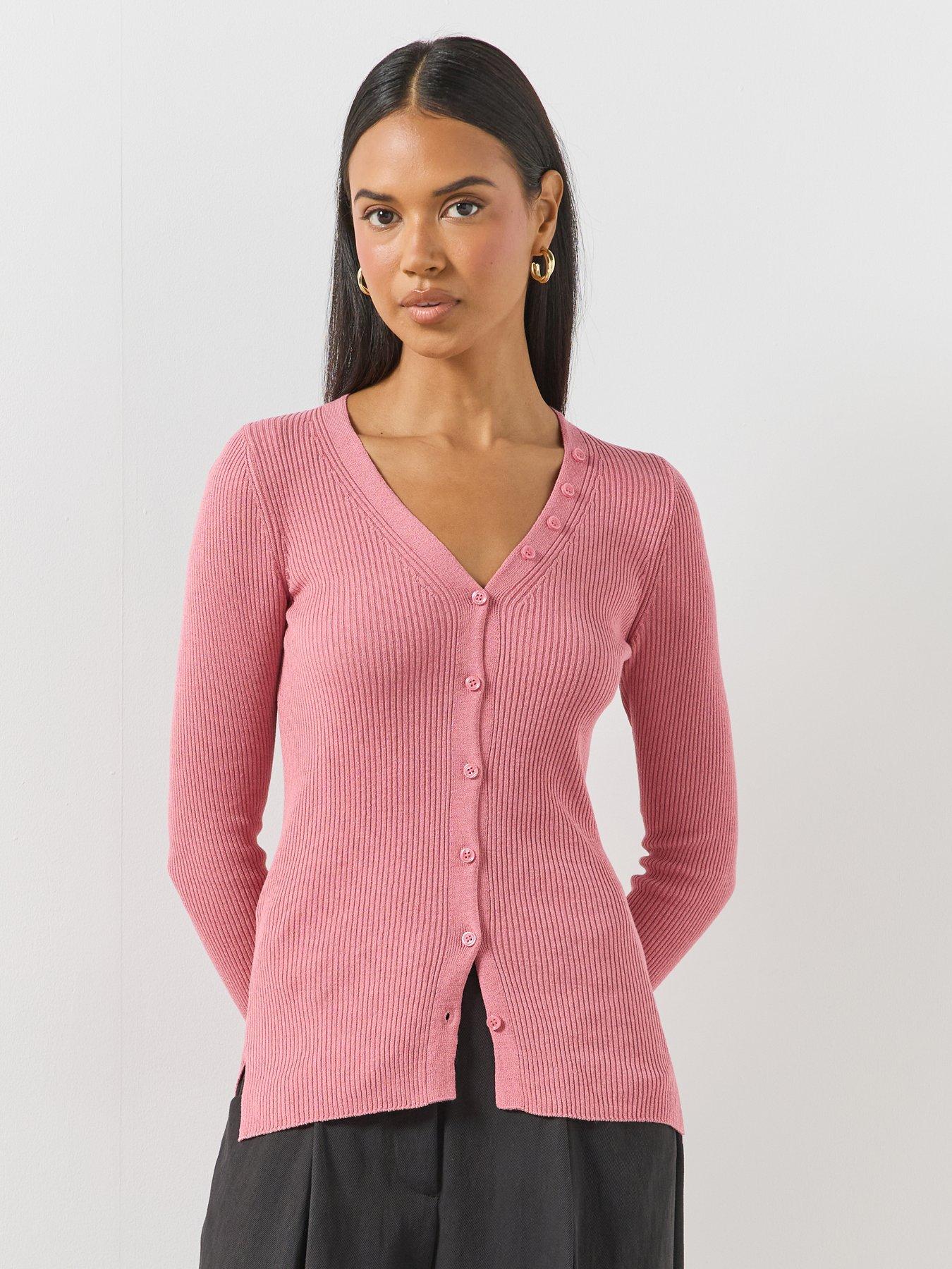 Image 1 of 6 of Mango Buttoned Ribbed Cardigan - Pink