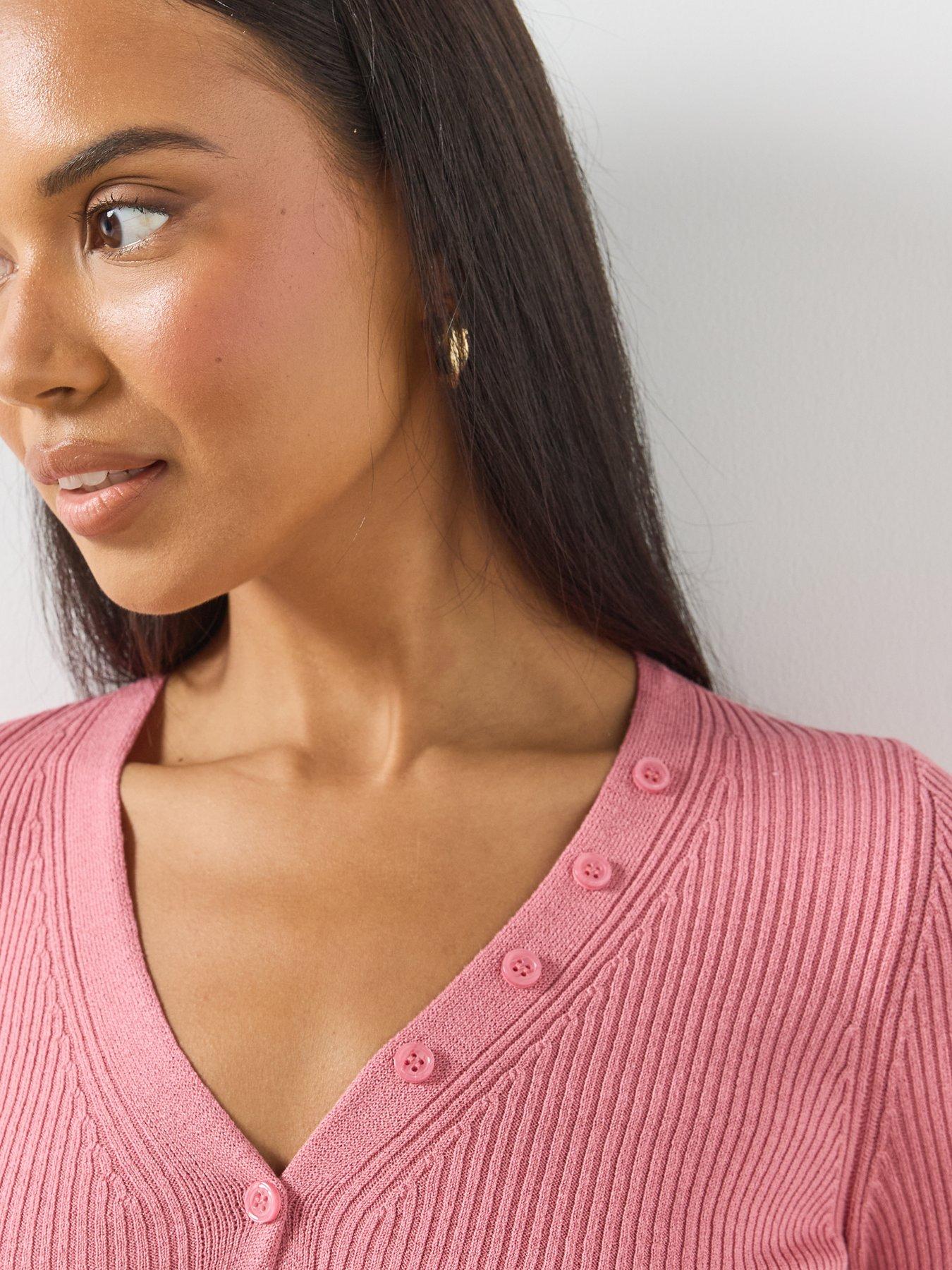 Image 4 of 6 of Mango Buttoned Ribbed Cardigan - Pink