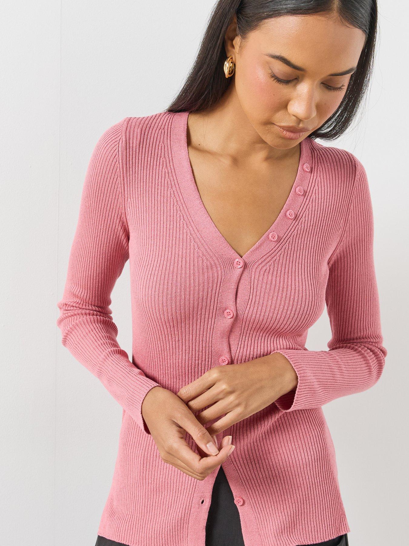 Image 5 of 6 of Mango Buttoned Ribbed Cardigan - Pink