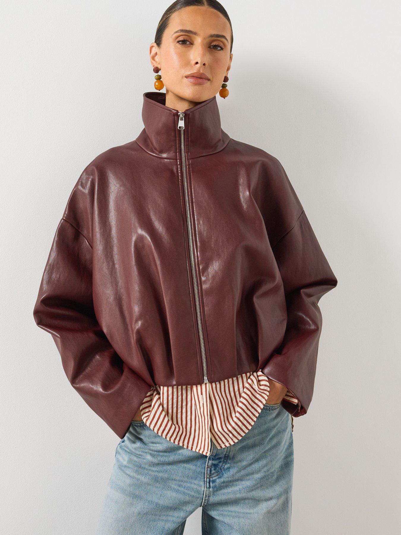 Image 1 of 6 of Mango Faux Leather Funnel Neck Jacket - Red