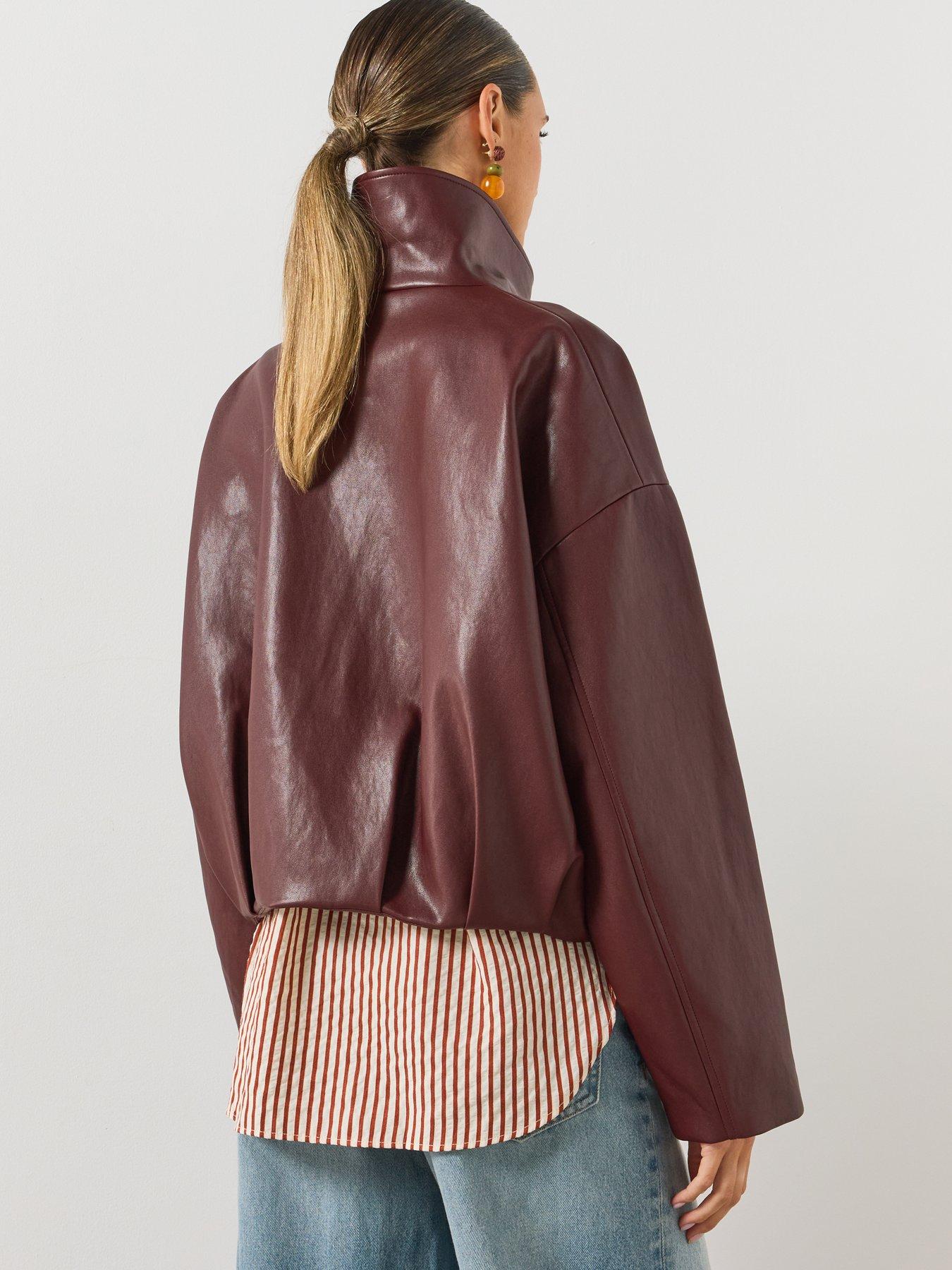 Image 2 of 6 of Mango Faux Leather Funnel Neck Jacket - Red