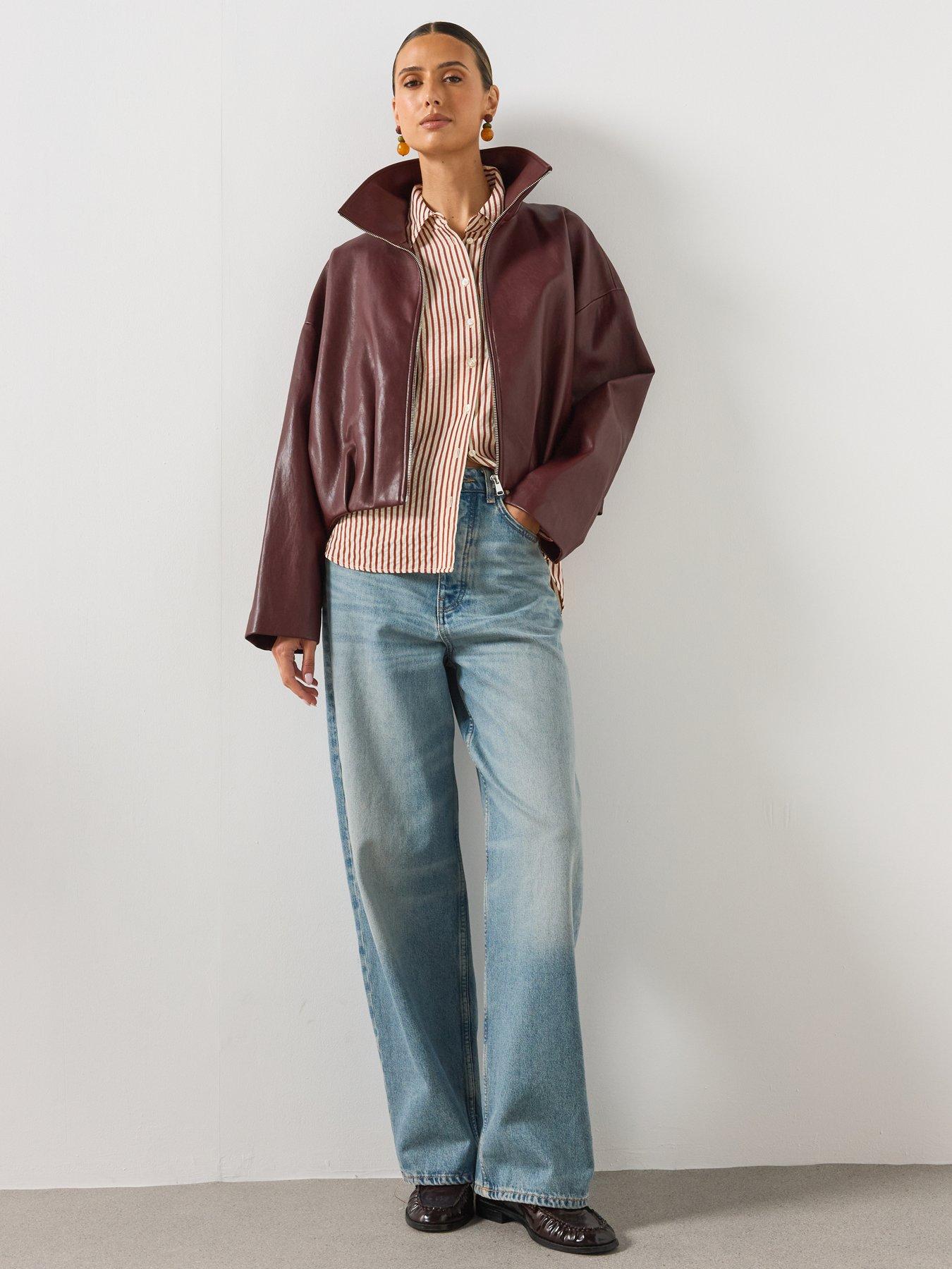 Image 3 of 6 of Mango Faux Leather Funnel Neck Jacket - Red