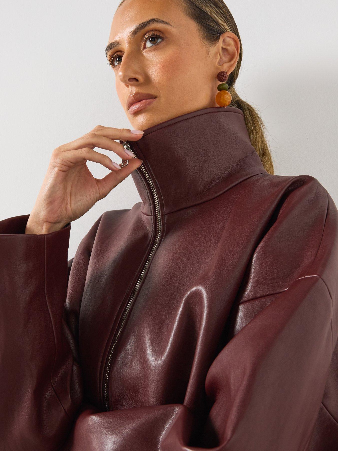 Image 4 of 6 of Mango Faux Leather Funnel Neck Jacket - Red