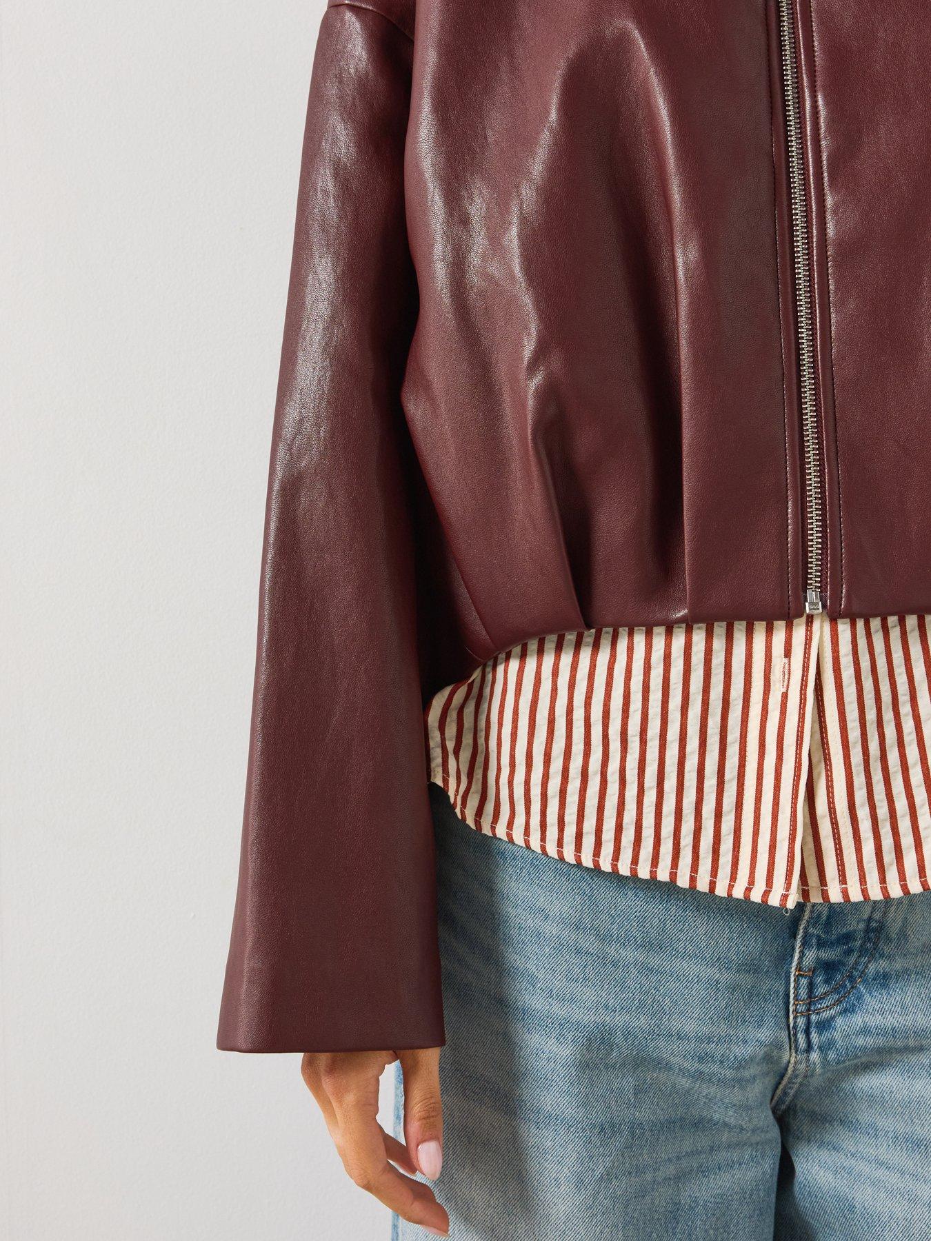 Image 5 of 6 of Mango Faux Leather Funnel Neck Jacket - Red