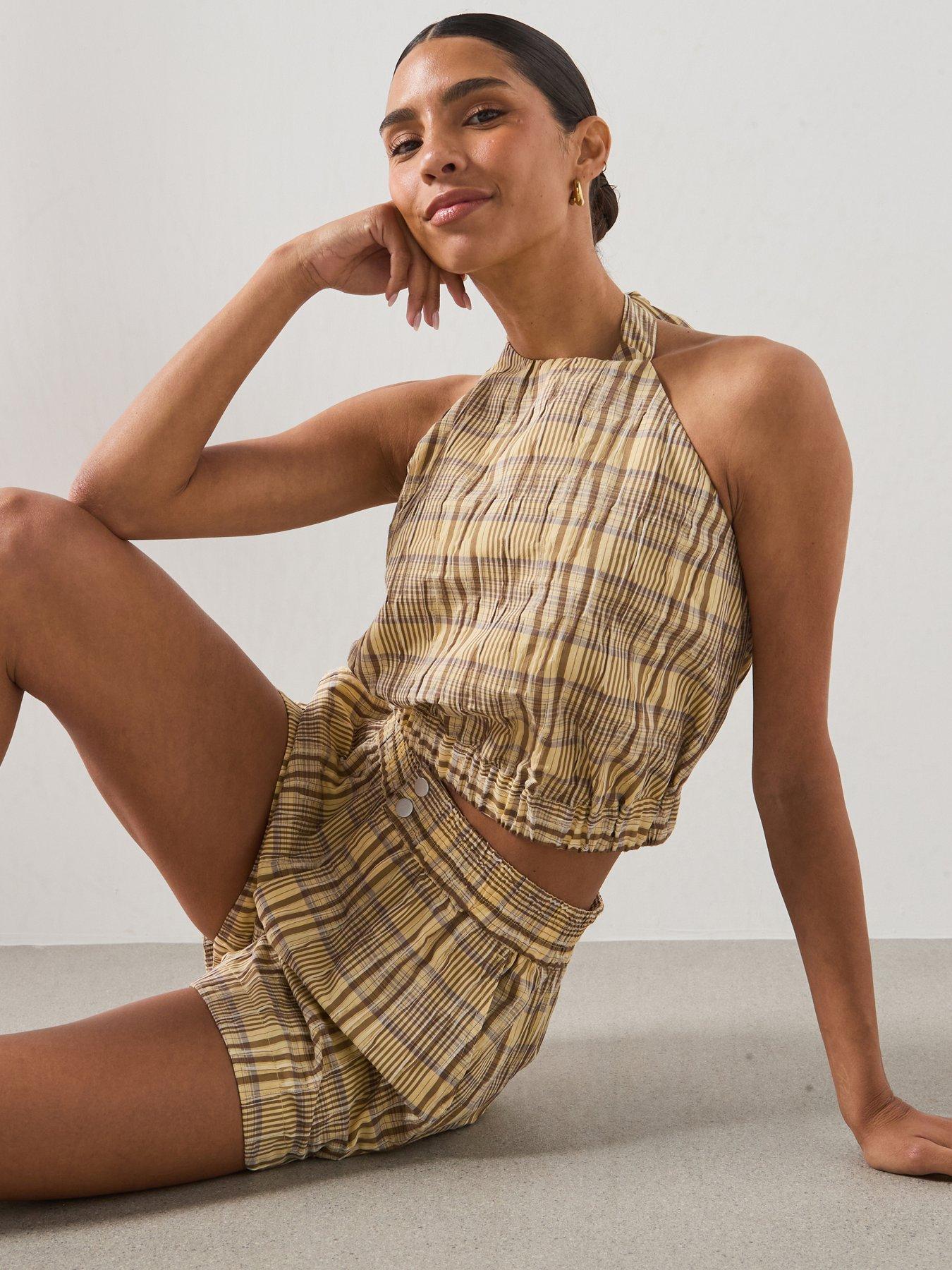 Mango Halter Neck Check Co-Ord Top - Brown