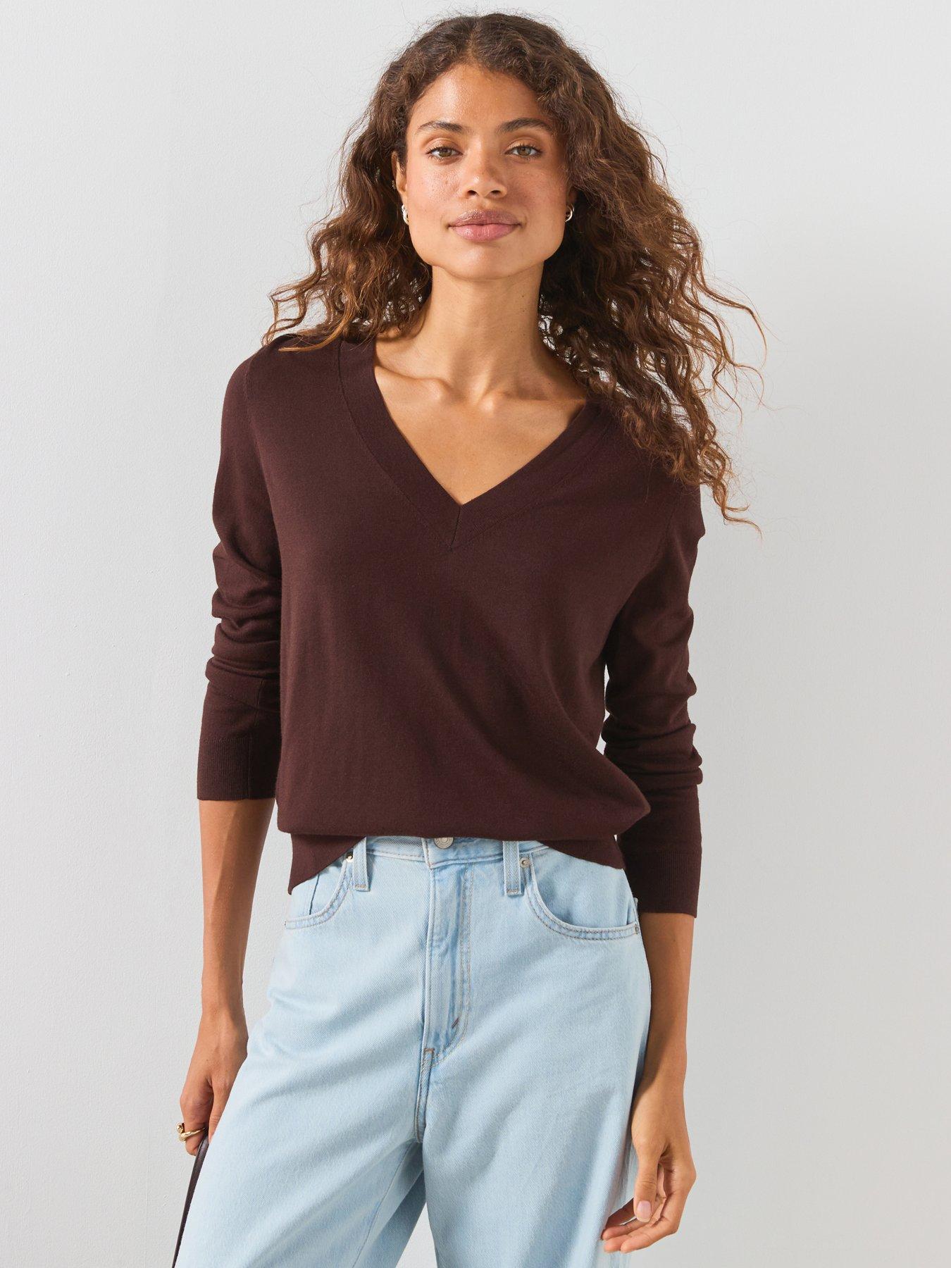 Image 1 of 5 of Mango V-Neck Knit Sweater - Brown