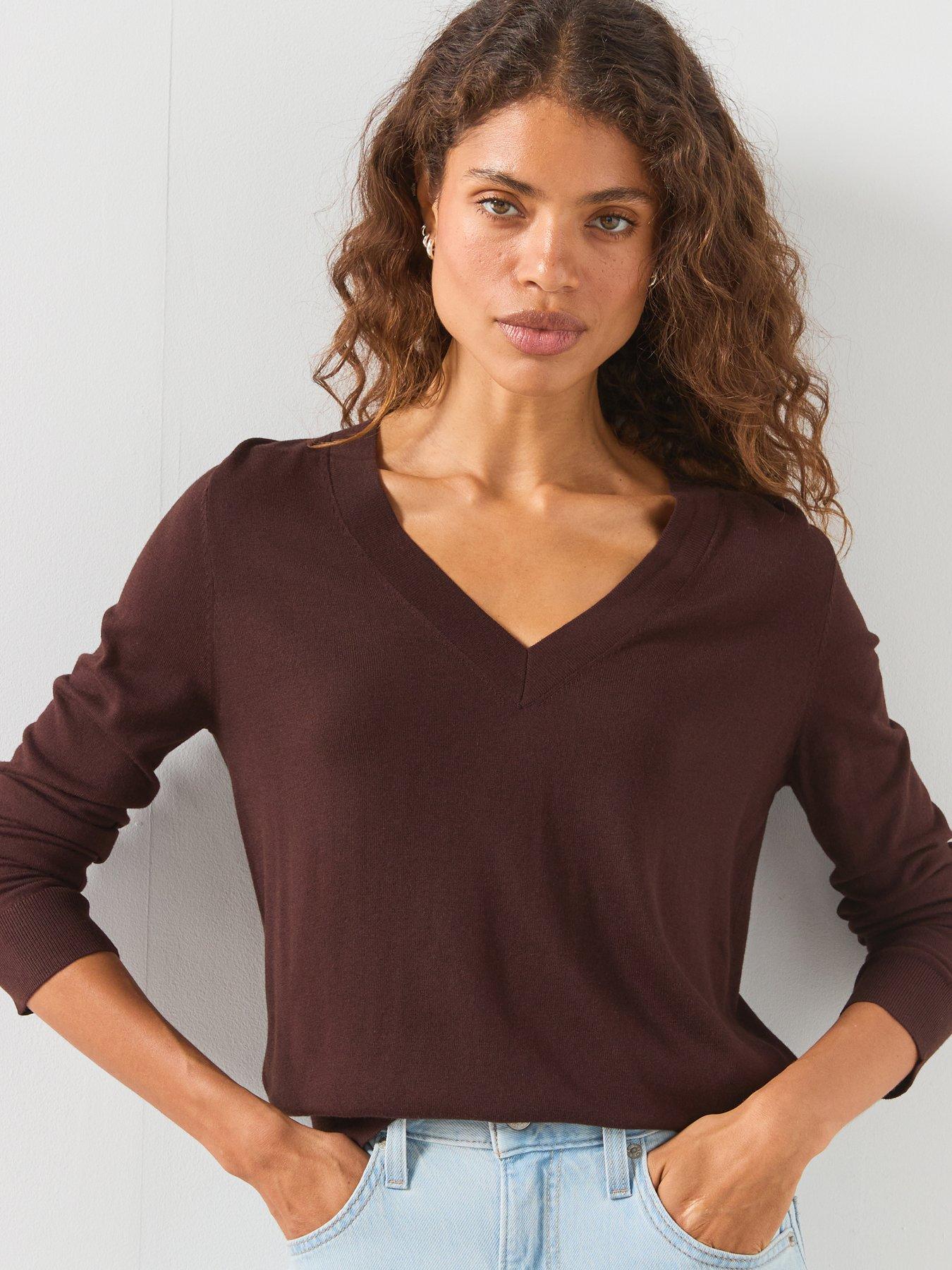 Image 4 of 5 of Mango V-Neck Knit Sweater - Brown