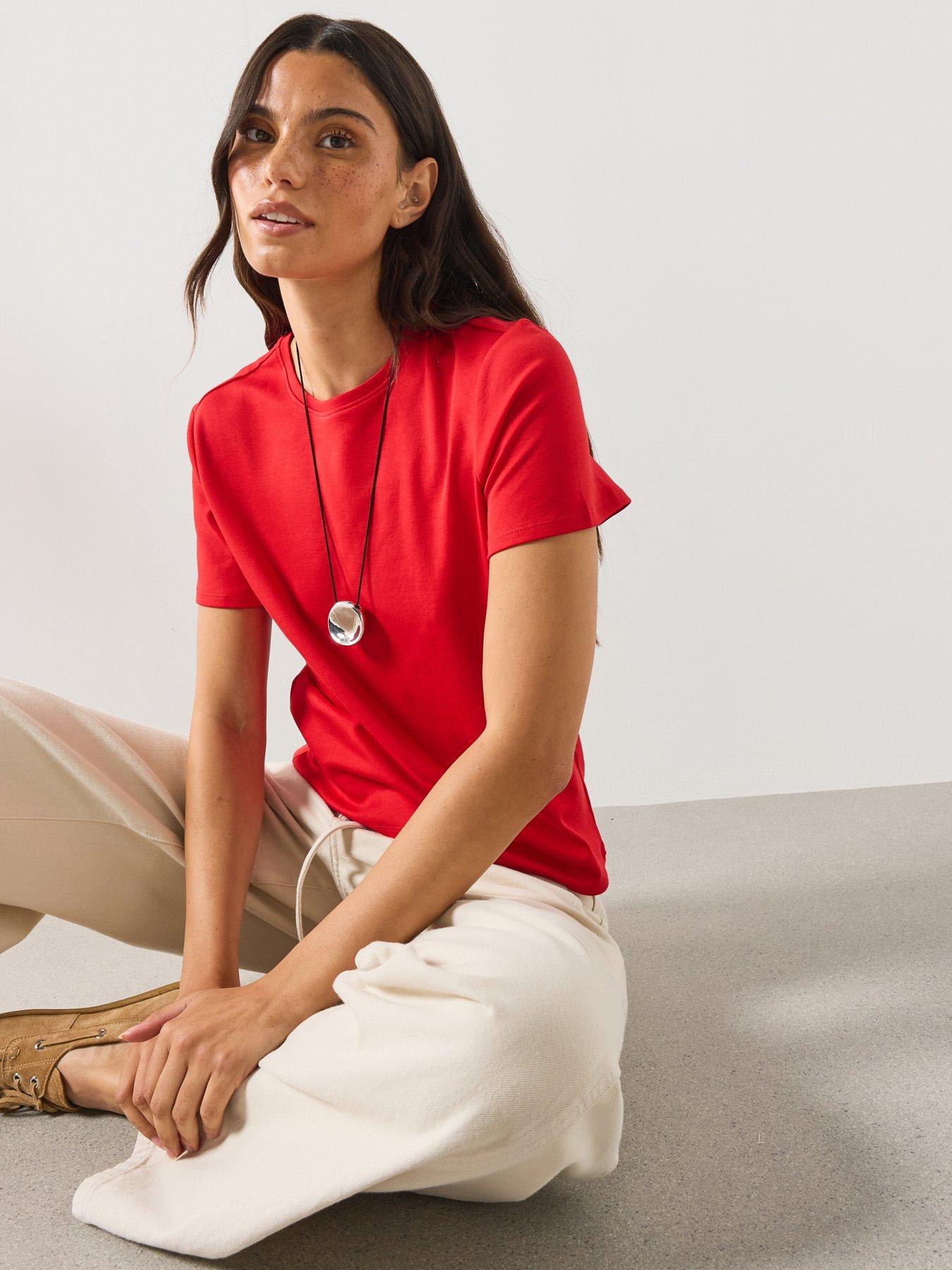 Mango 100% Cotton T-shirt, Red, Size M, Women