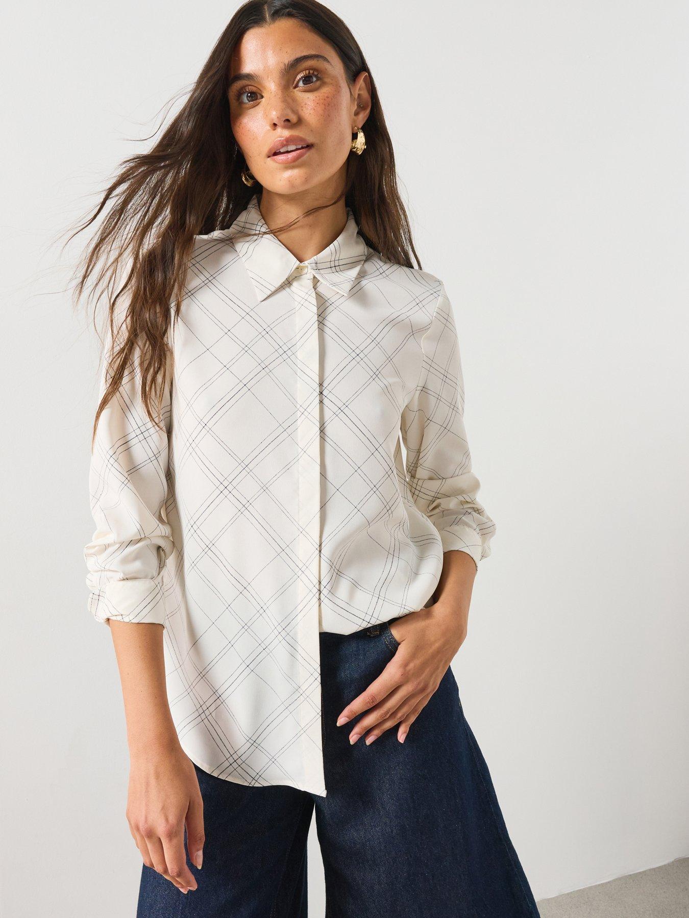 Image 1 of 6 of Mango Printed Straight Shirt - Cream