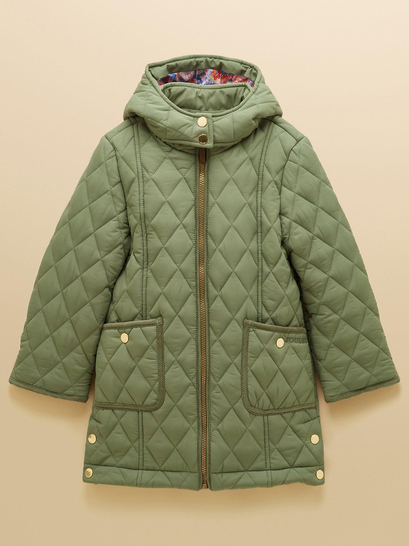 Joules Girls' Marsdale Khaki Green Showerproof Quilted Longline Coat - Image 2