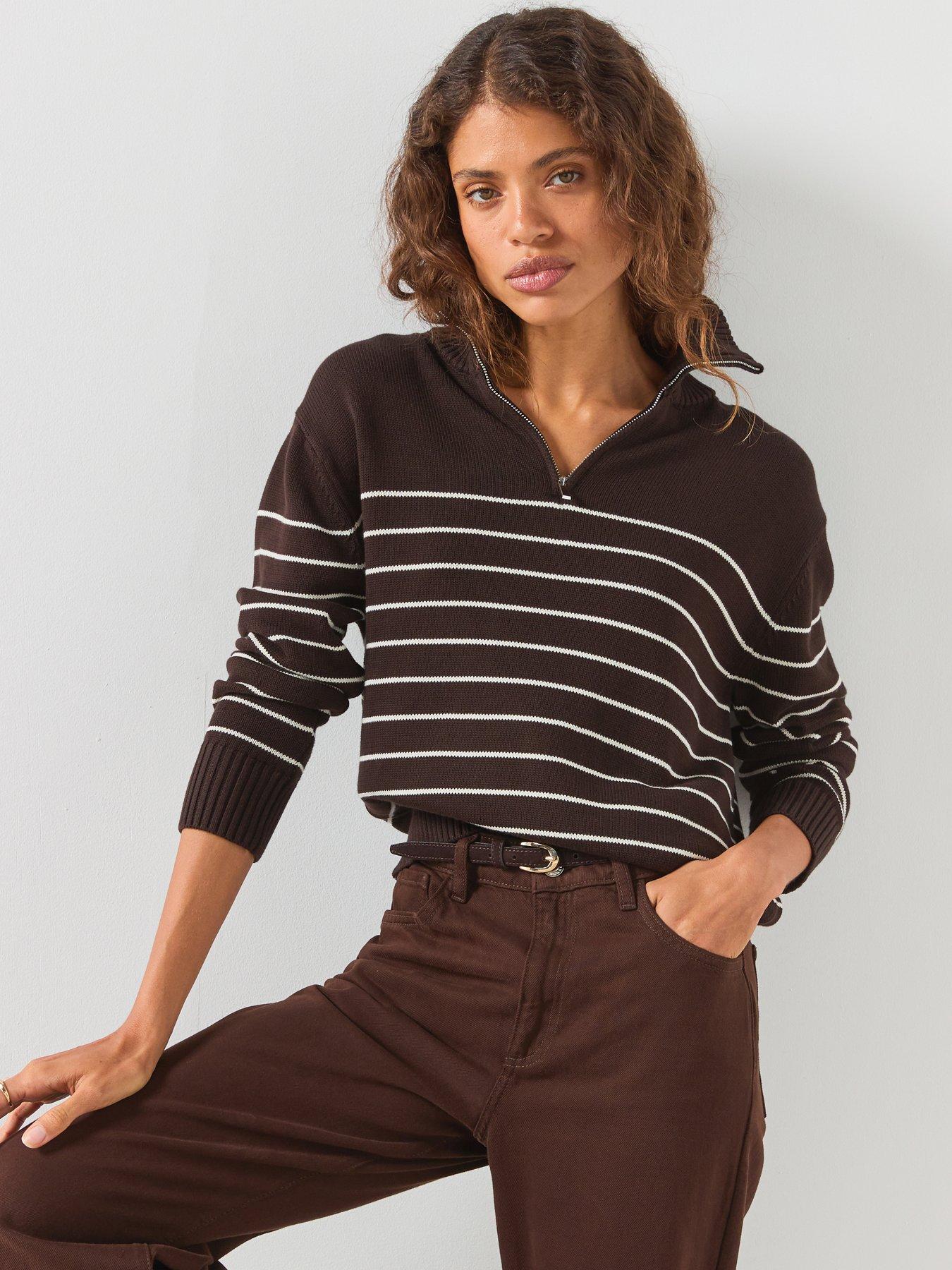 Image 1 of 6 of Mango Striped Zipped Sweater - Brown
