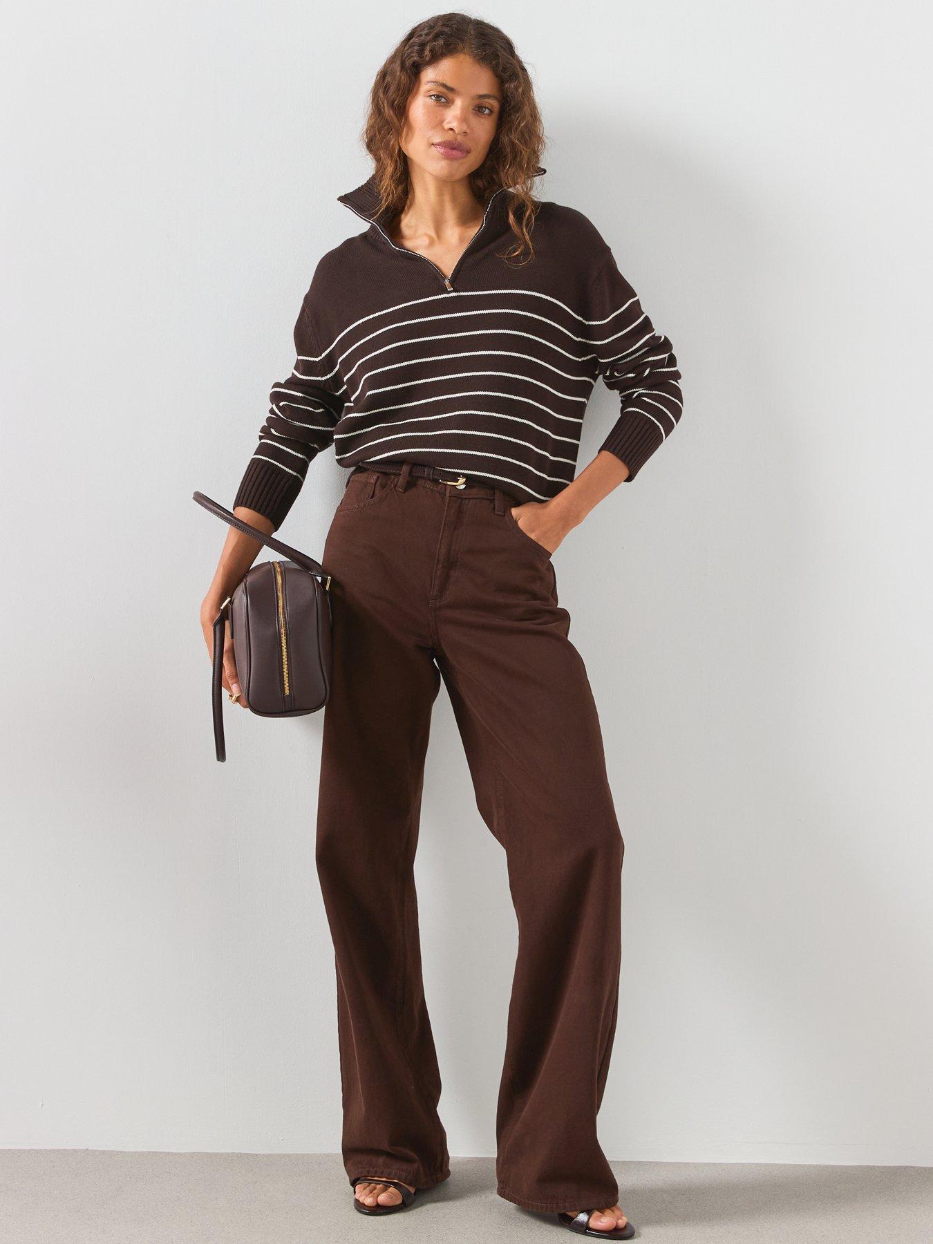 Image 3 of 6 of Mango Striped Zipped Sweater - Brown