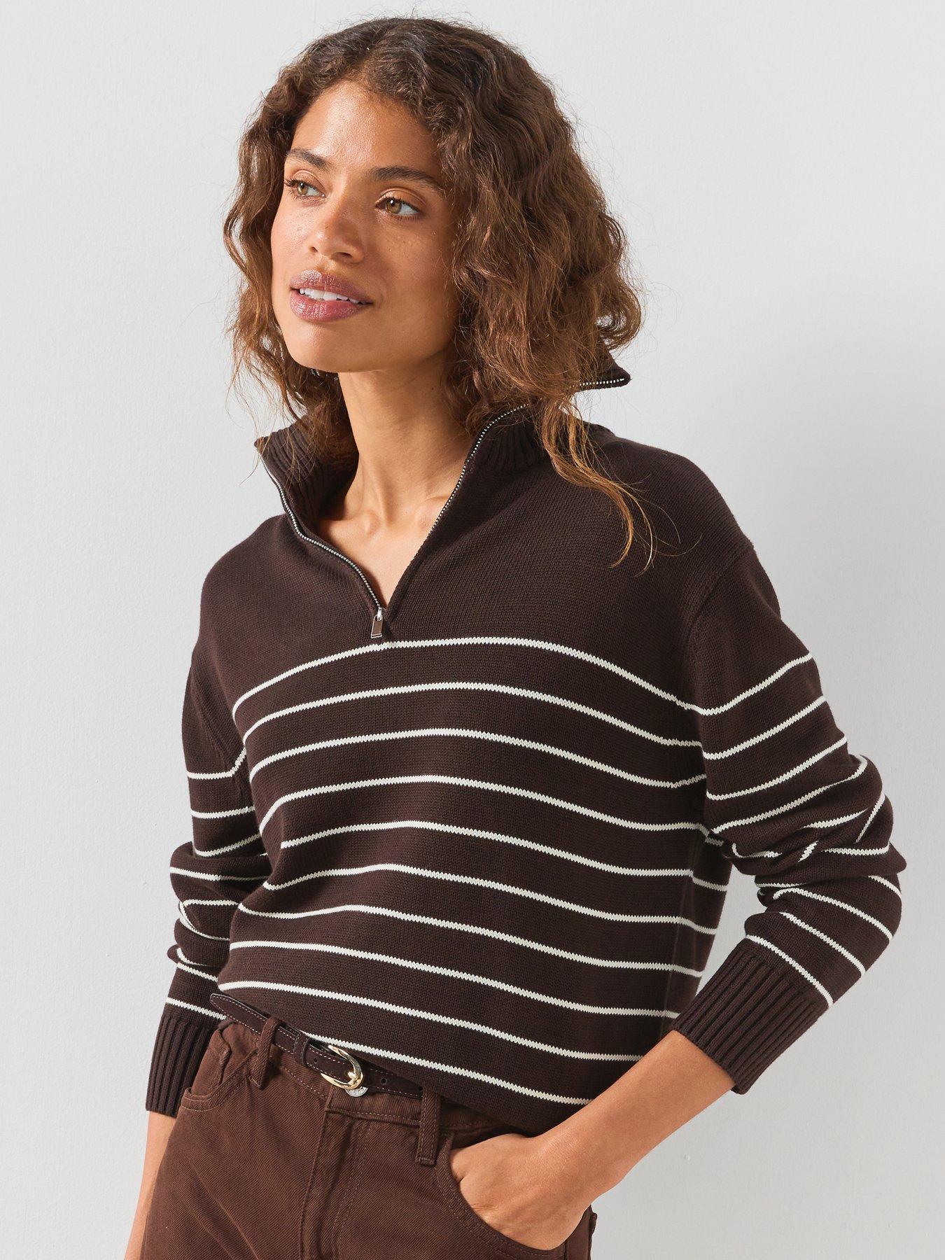 Image 5 of 6 of Mango Striped Zipped Sweater - Brown