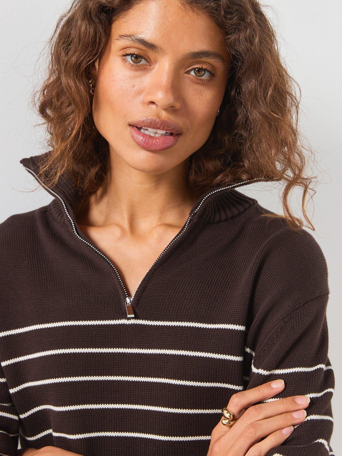 Image 6 of 6 of Mango Striped Zipped Sweater - Brown