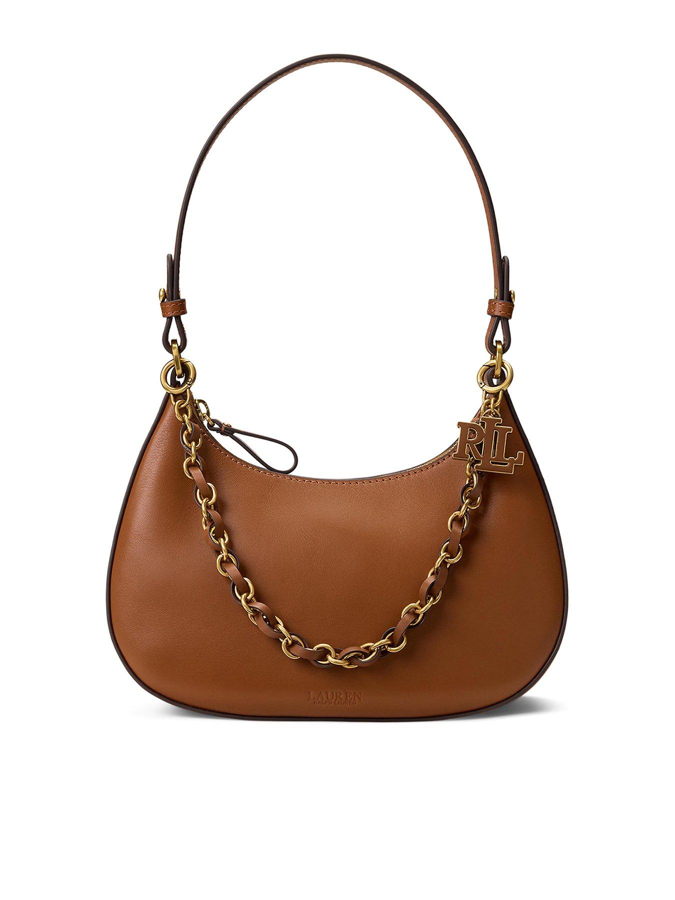 Image 1 of 6 of Lauren by Ralph Lauren Womens Marcy Leather Curved Zip Shoulder Bag - Beige