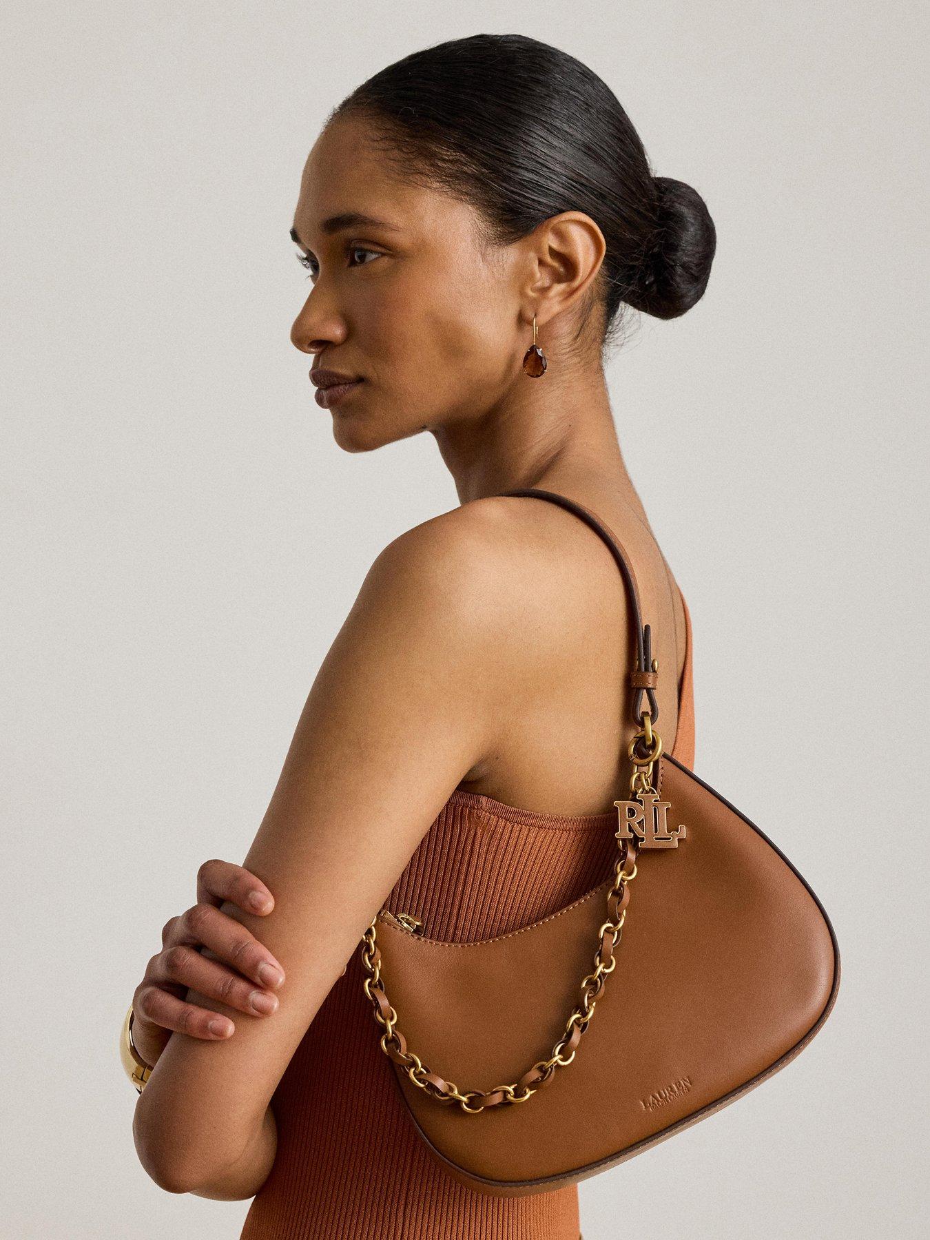Image 2 of 6 of Lauren by Ralph Lauren Womens Marcy Leather Curved Zip Shoulder Bag - Beige