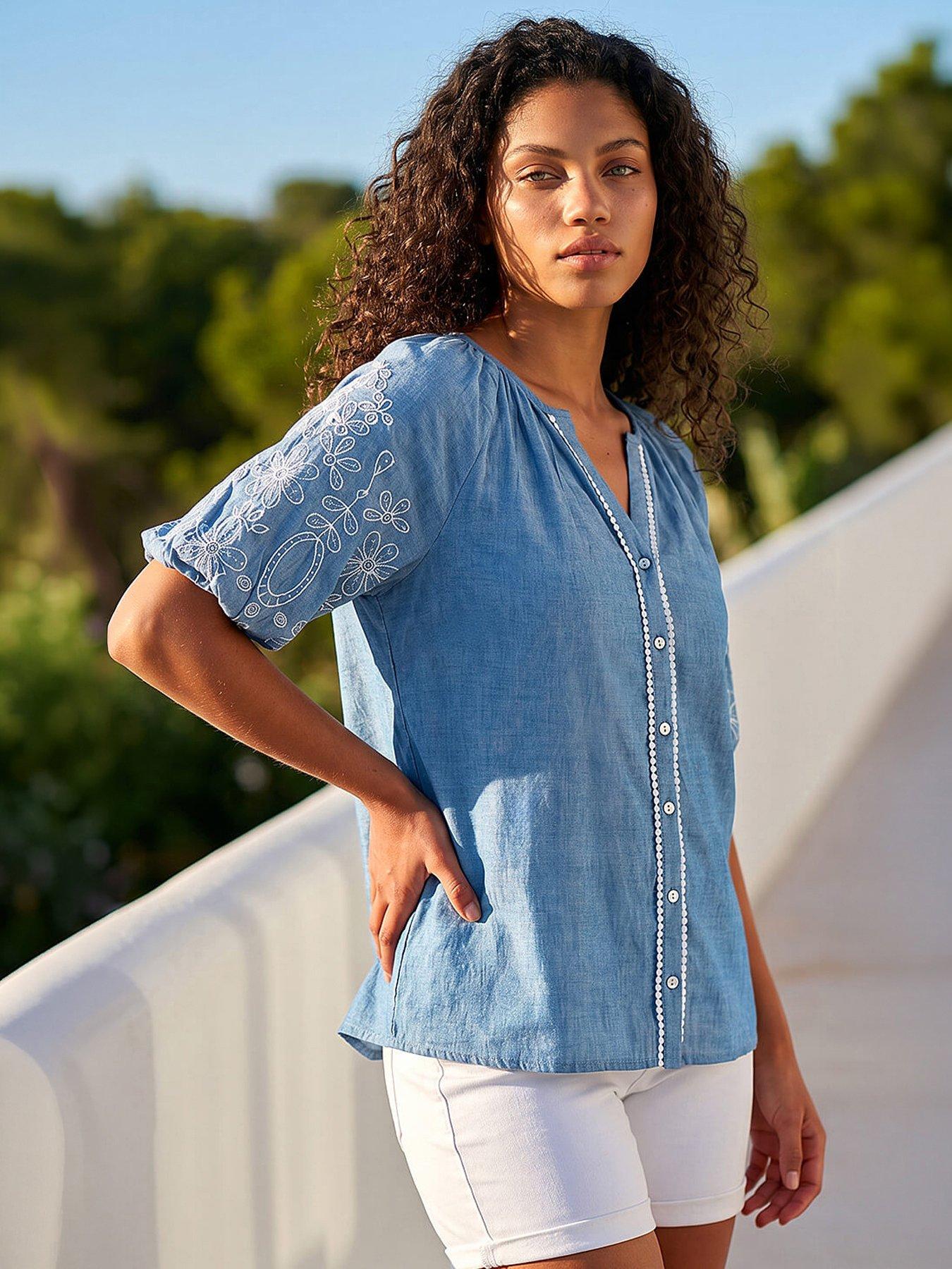 Roman Petite Embroidered V-neck Top, Blue, Size 14, Women