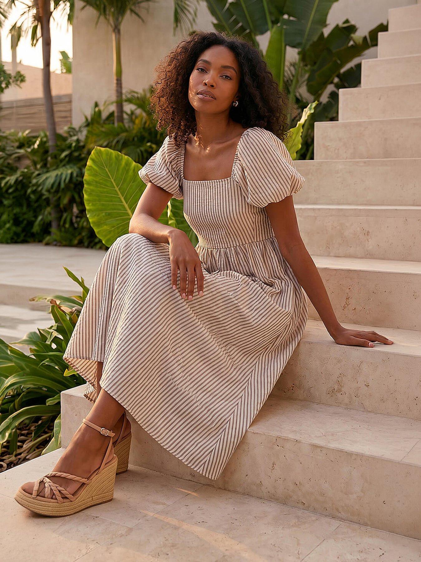 Image 1 of 4 of Roman Stripe Puff Sleeve Midi Dress