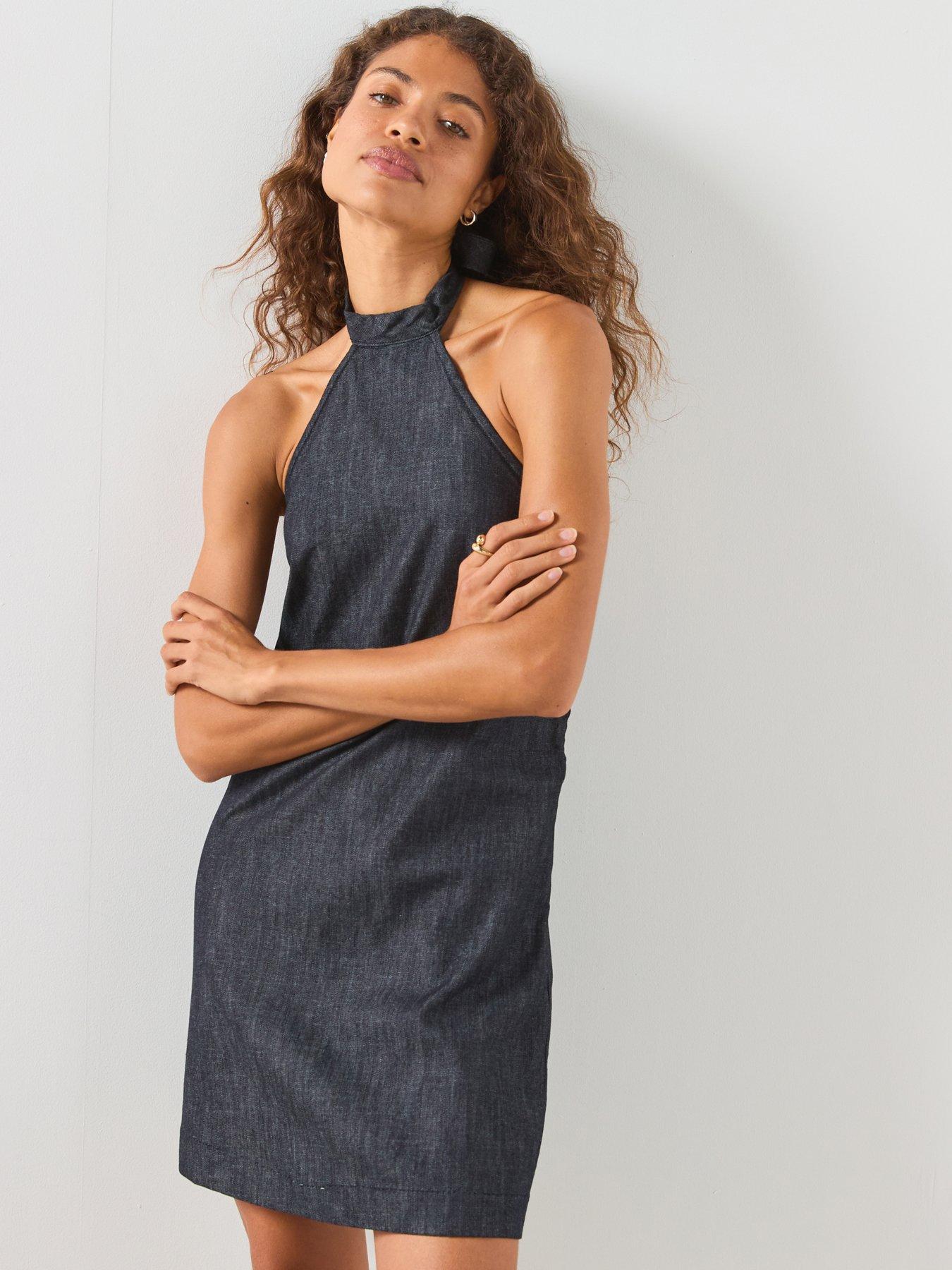 Image 1 of 6 of Mango Halter Denim Dress - Blue
